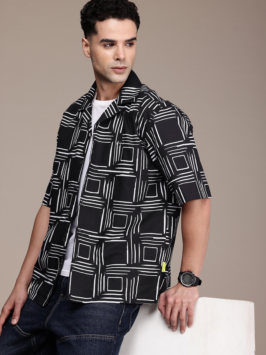 FCUK Relaxed Fit Printed Cuban Collar Drop-Shoulder Sleeves Pure Cotton Casual Shirt