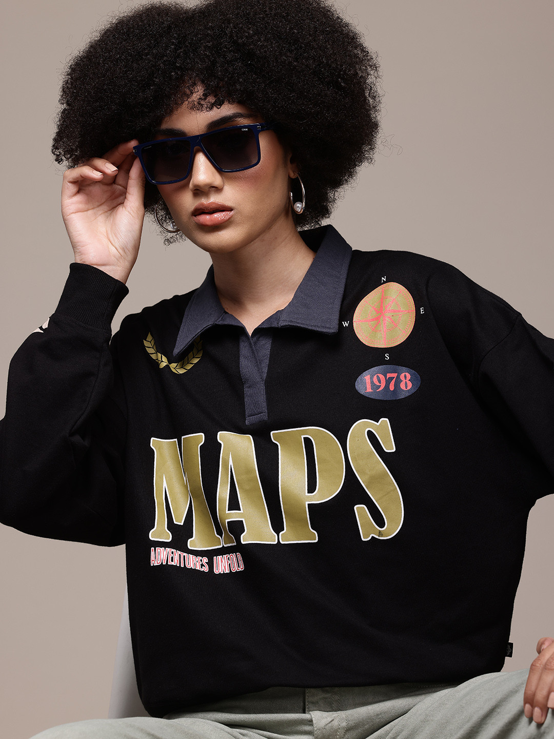 The Roadster Lifestyle Co. Shirt Collar Printed Sweatshirt