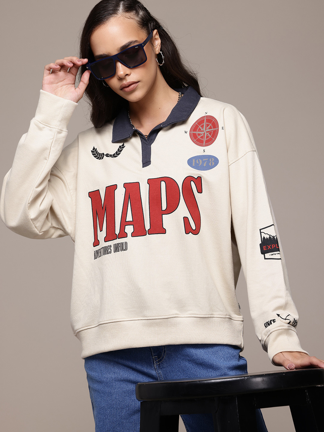 The Roadster Lifestyle Co. Shirt Collar Printed Sweatshirt