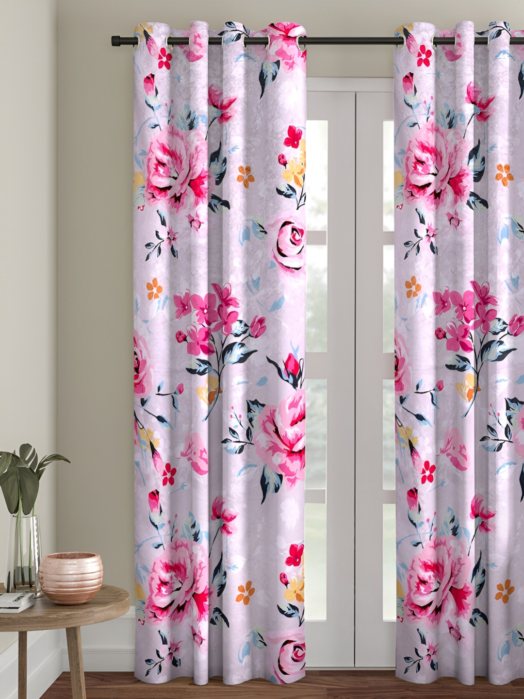 Aura Pink & Yellow 2 Pieces Floral Room Darkening Door Curtains