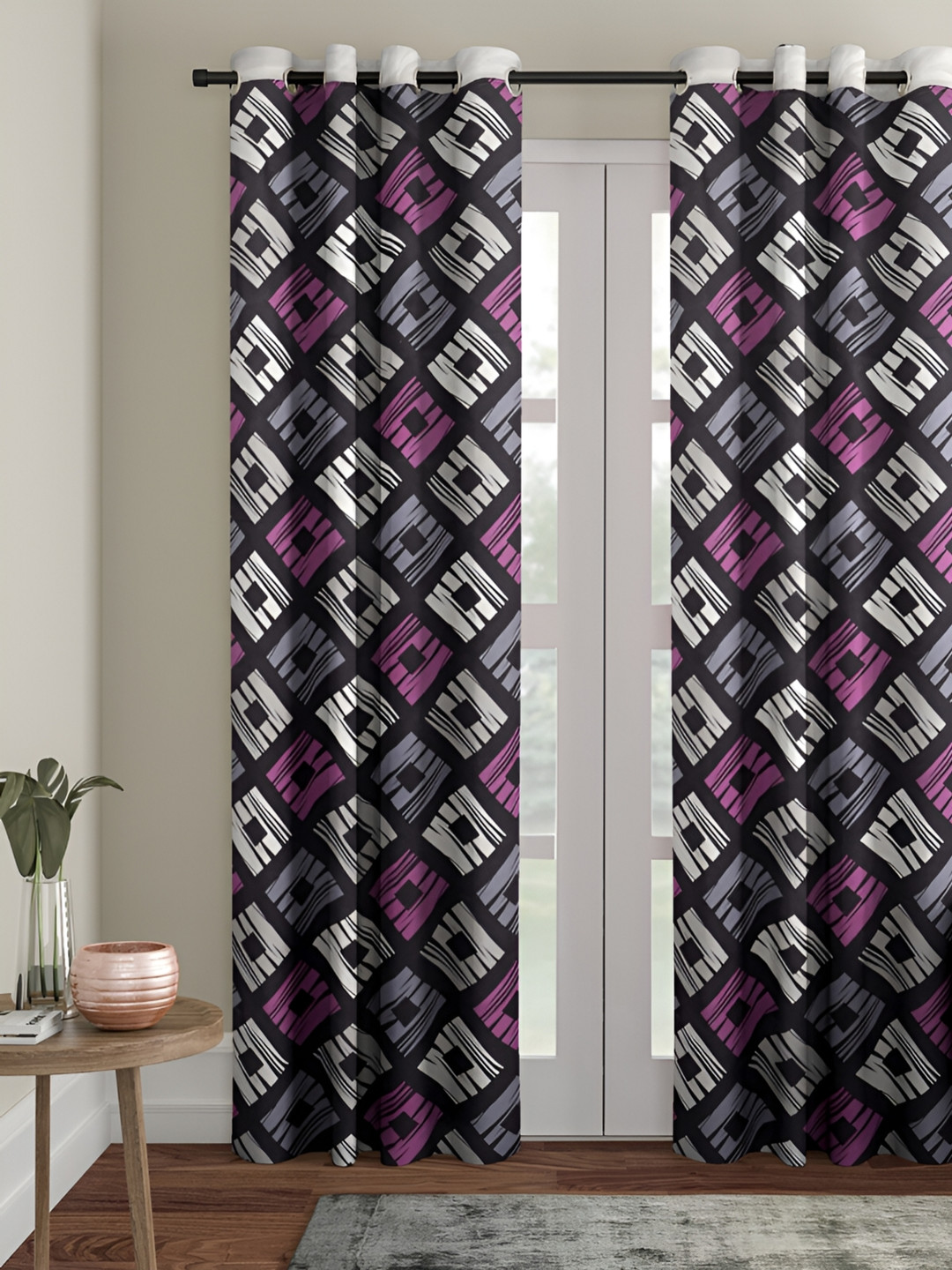 Aura Black & Pink 2 Pieces Geometric Velvet Room Darkening Door Curtains
