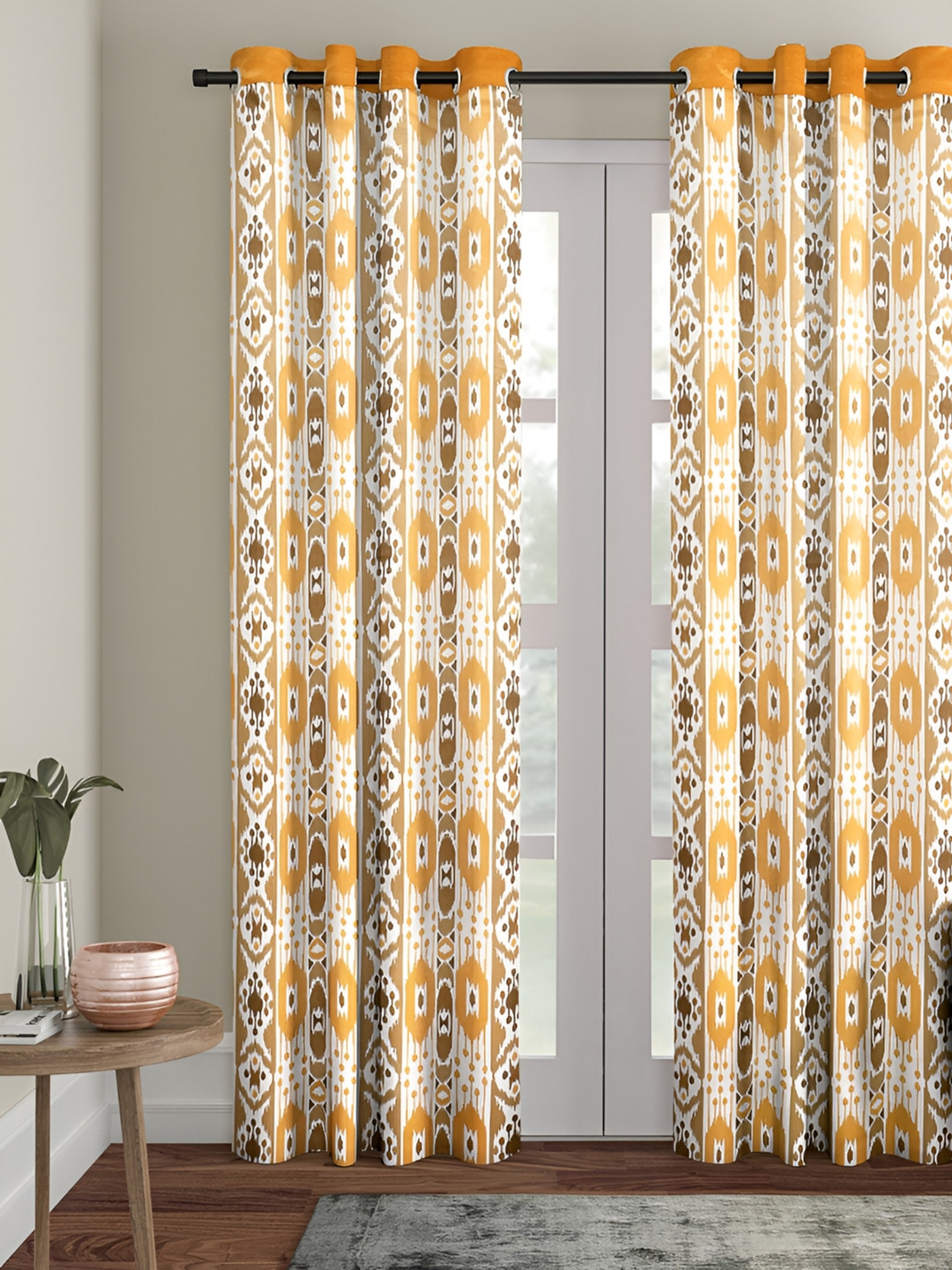 Aura Cream-Coloured & Yellow Ethnic Motifs Printed Room Darkening Eyelets Door Curtain