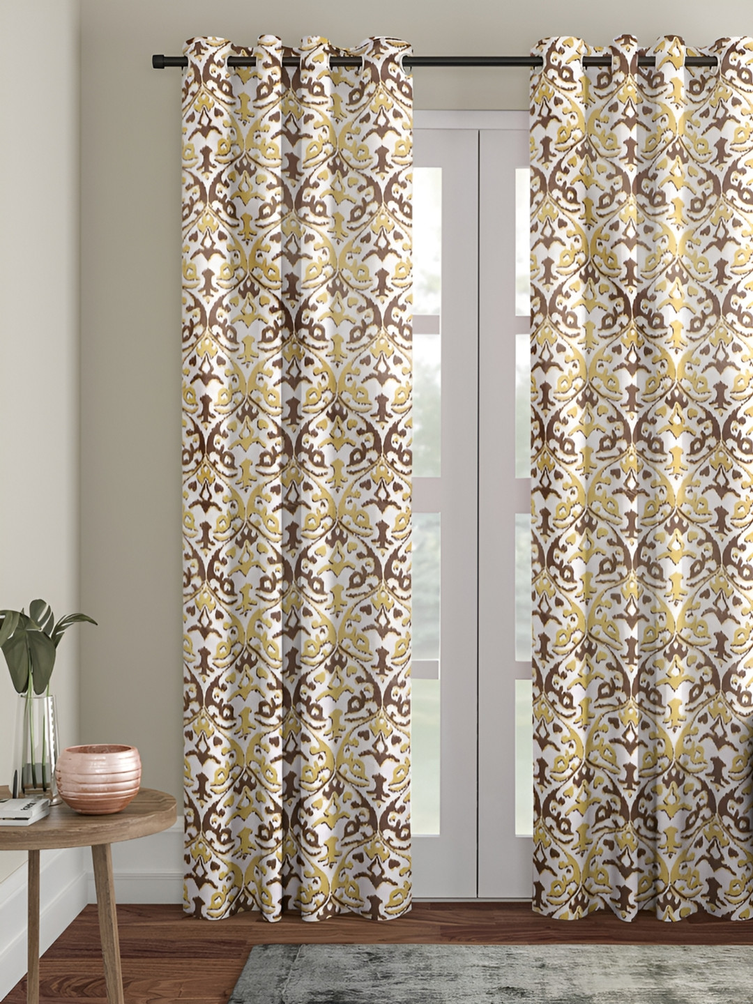Aura Off White & Yellow Ethnic Motifs Printed Room Darkening Door Curtain