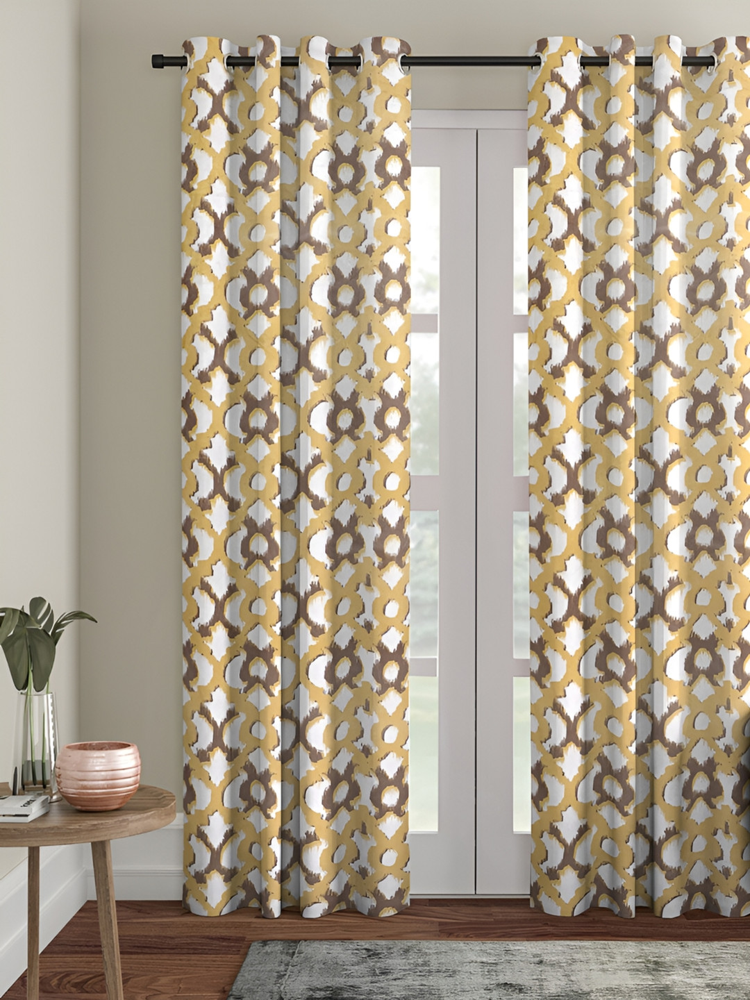 Aura Off White & Yellow Geometric Printed Room Darkening Eyelet Door Curtain