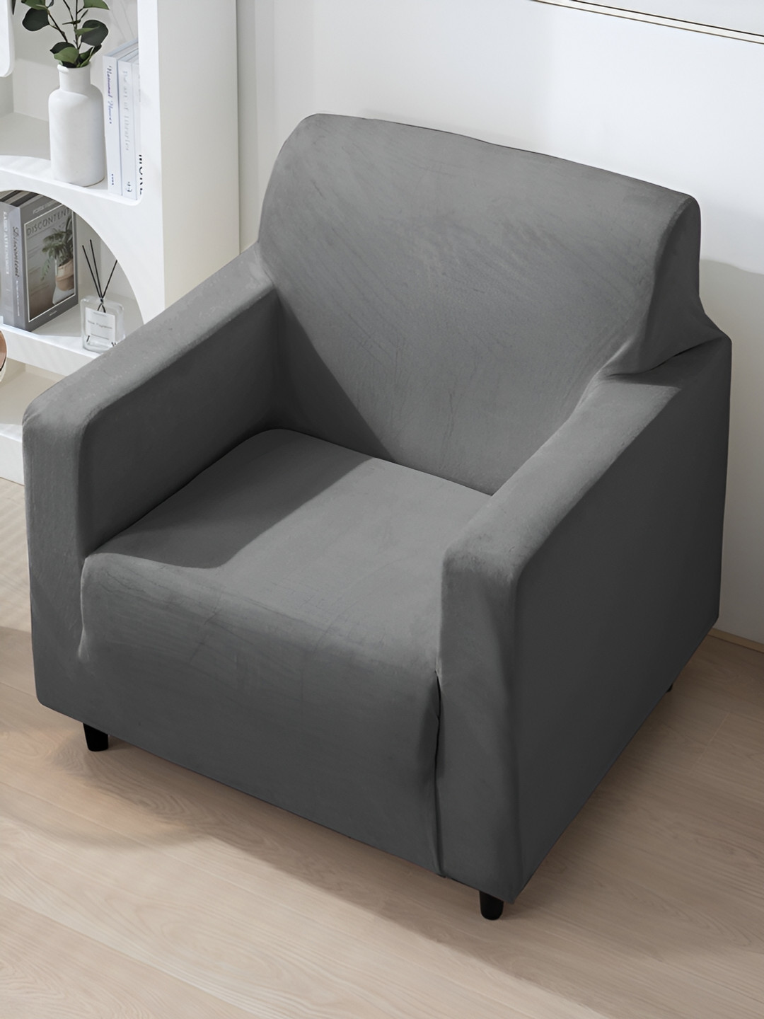 HOKIPO Grey Velvet 200 Gsm 1 Seater Sofa Cover With Arms
