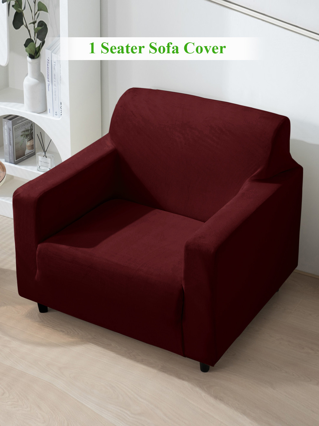 HOKIPO Burgundy Velvet 200 GSM 1 Seater Sofa Cover With Arms