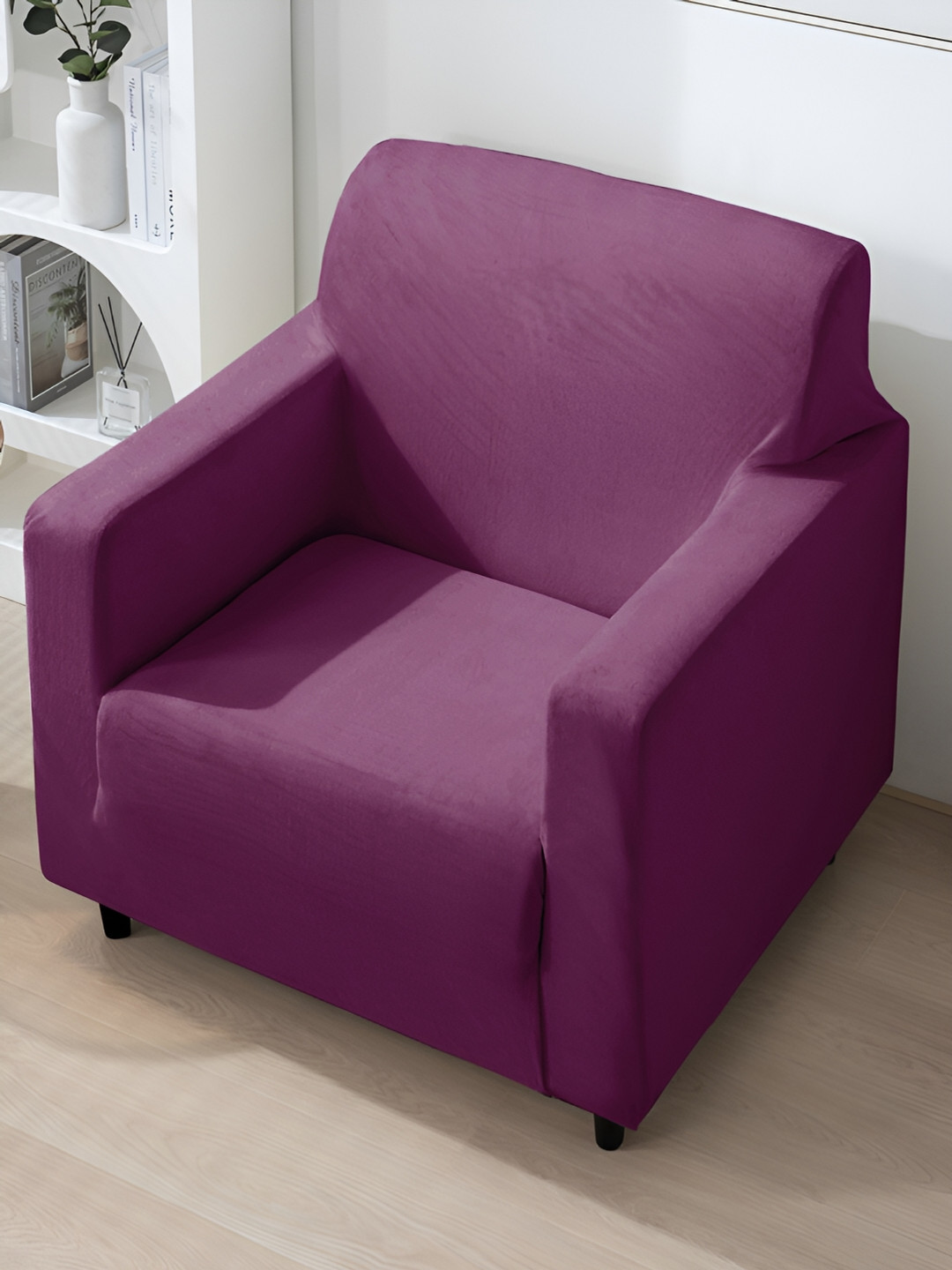 HOKIPO Purple Solid Velvet 200 Gsm 1 Seater Sofa Cover With Arms