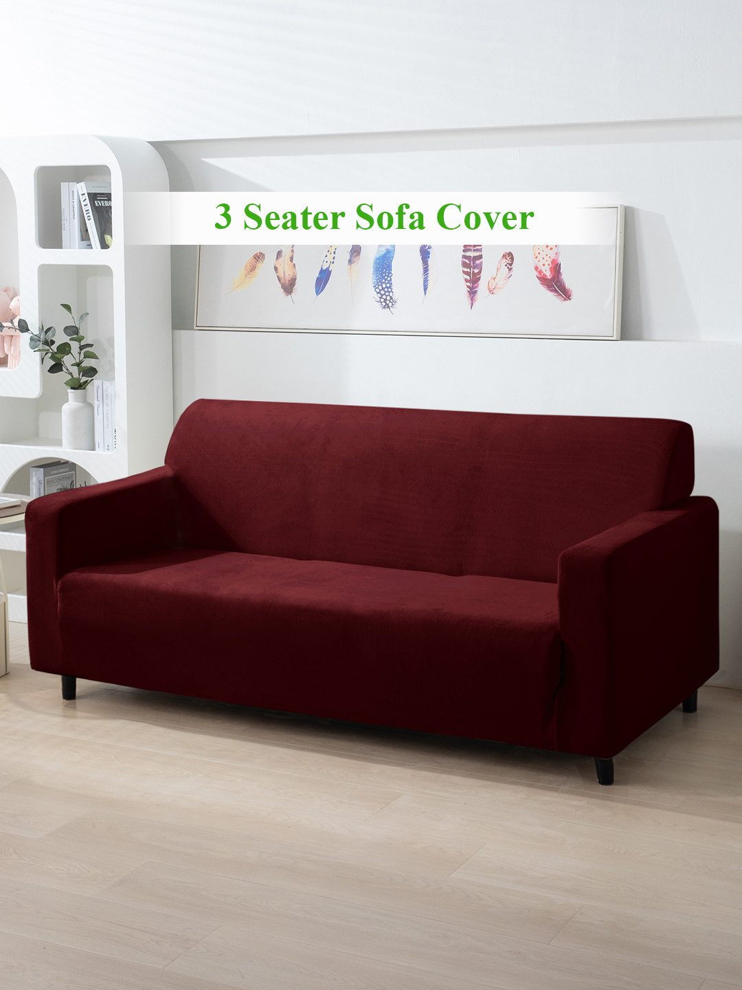 HOKIPO Burgundy Velvet 200 Gsm 3 Seater  Sofa Cover With Arms