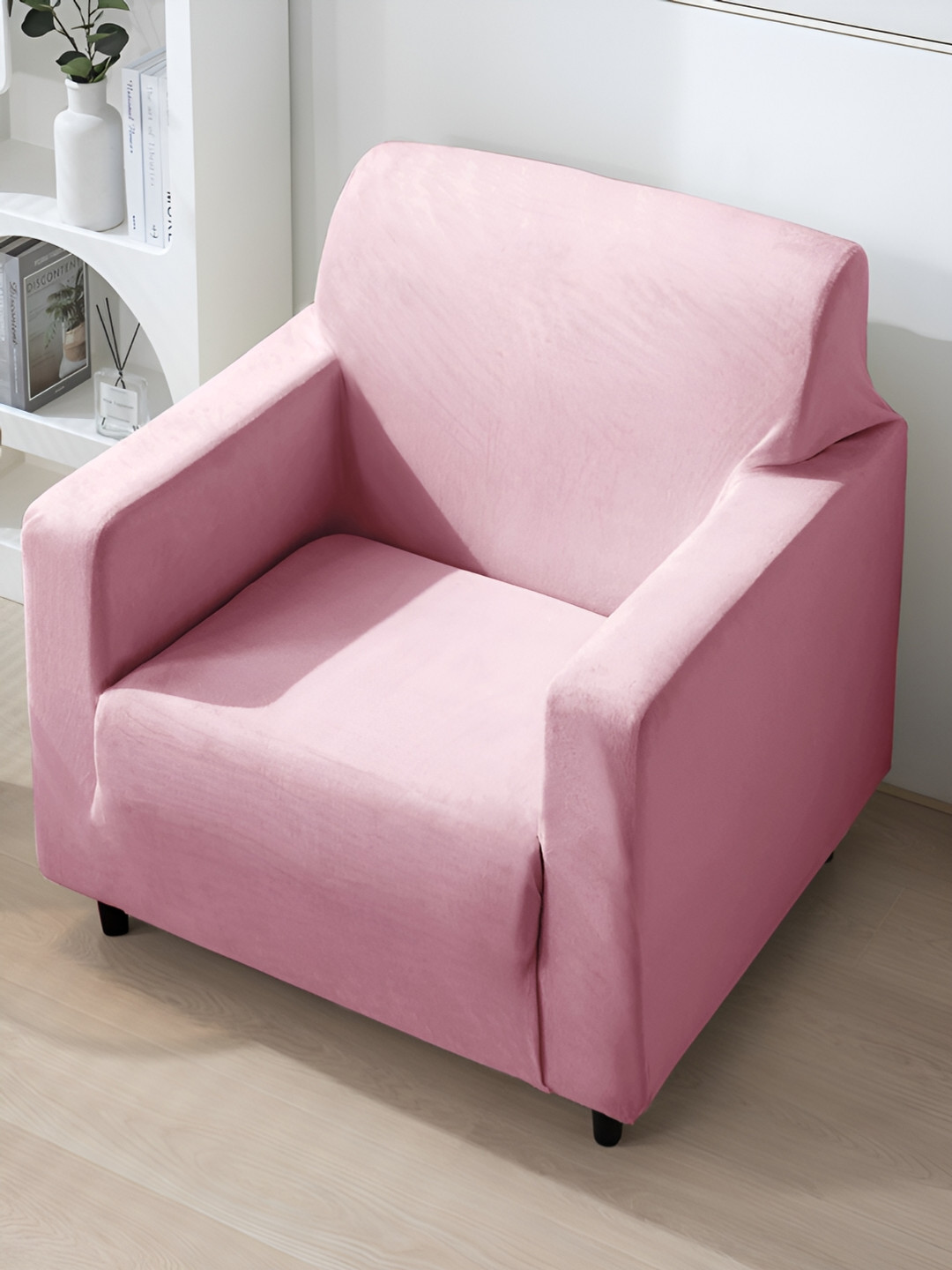 HOKIPO Pink 1 Seater Premium Velvet Series Elastic Sofa Cover -200 GSM