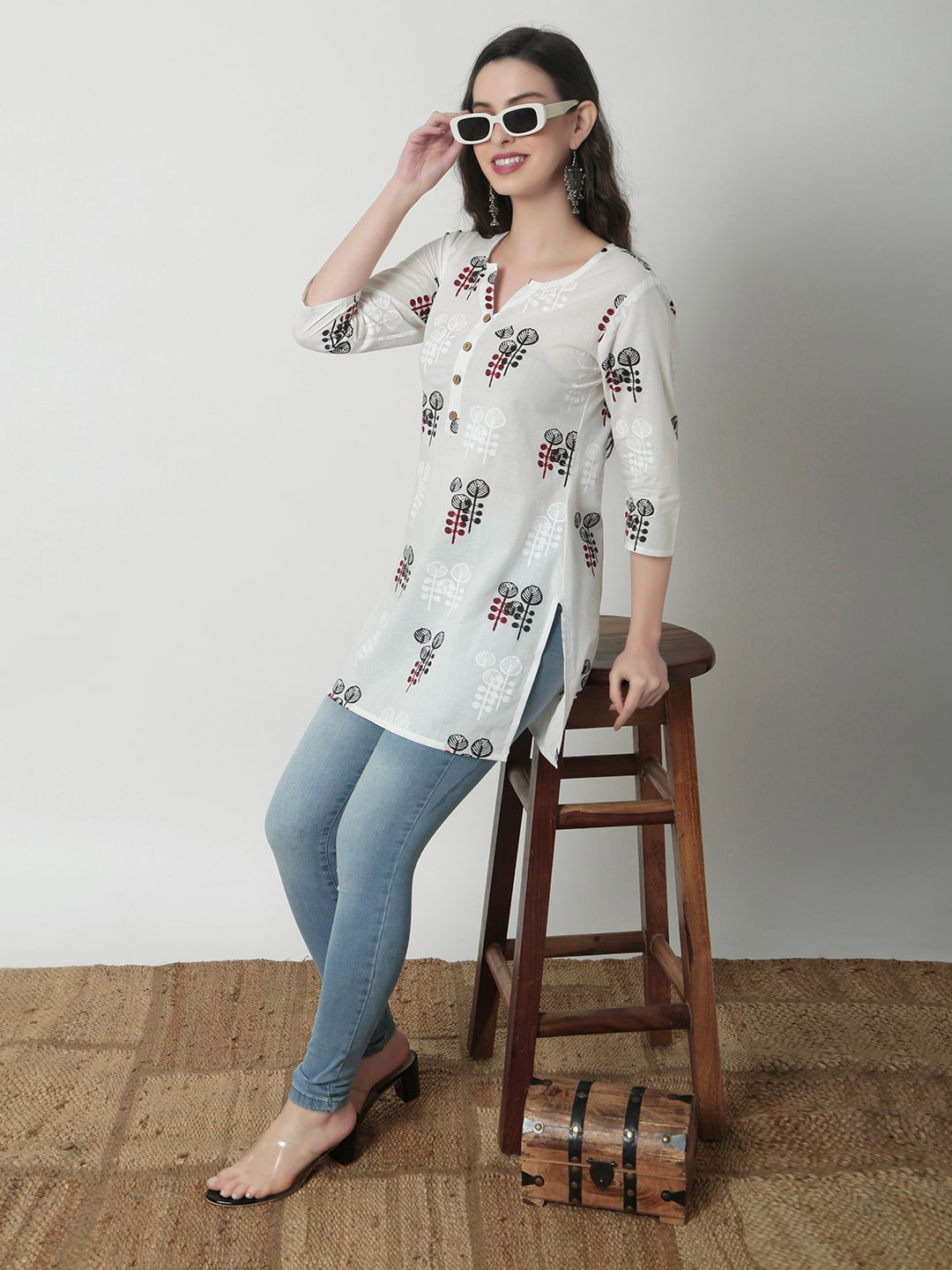 JANAKDULARI CREATION Floral Print Cotton Longline Top