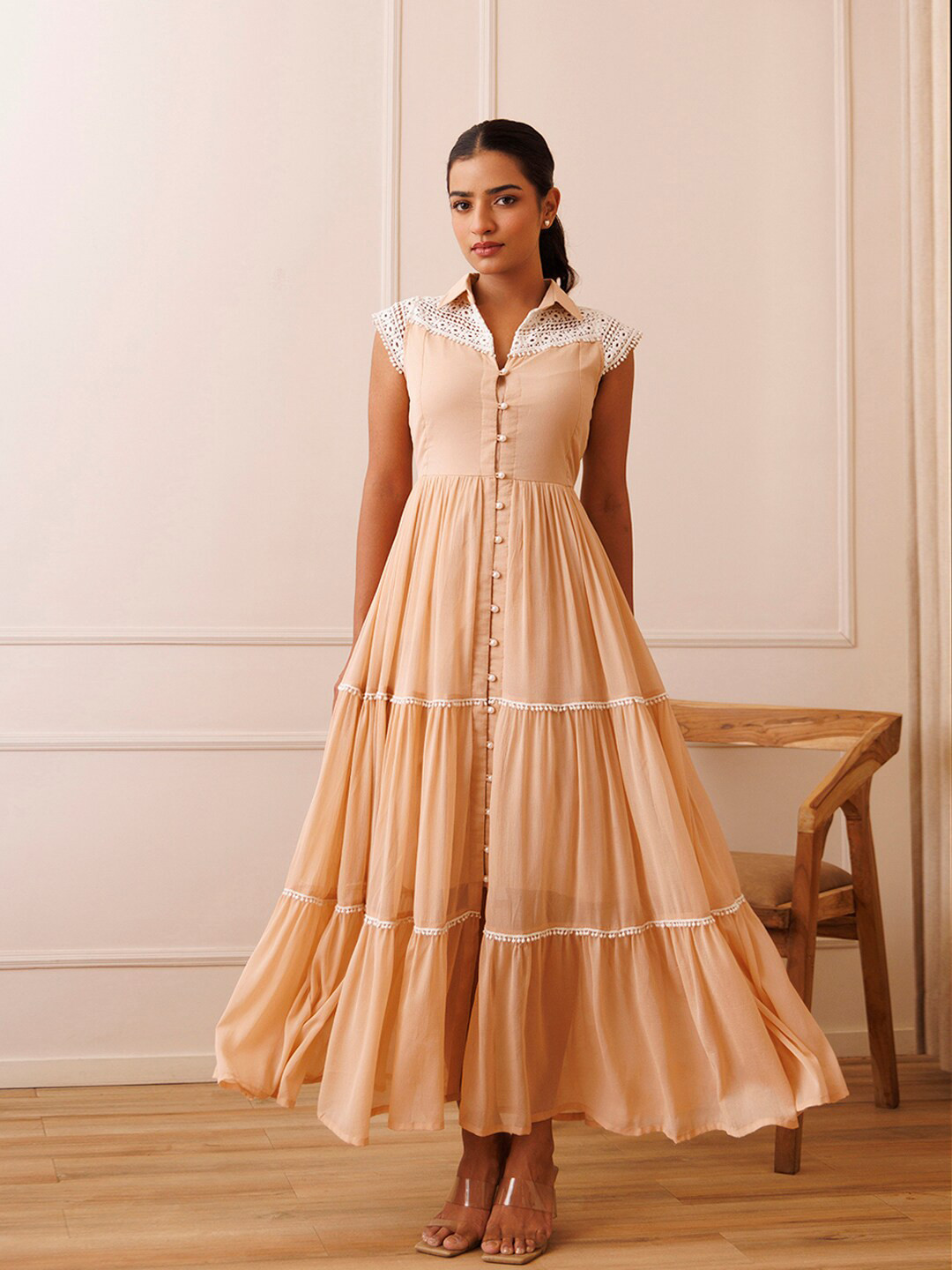 Ragavi Lace Inserted Chiffon Tiered Shirt Maxi Dress