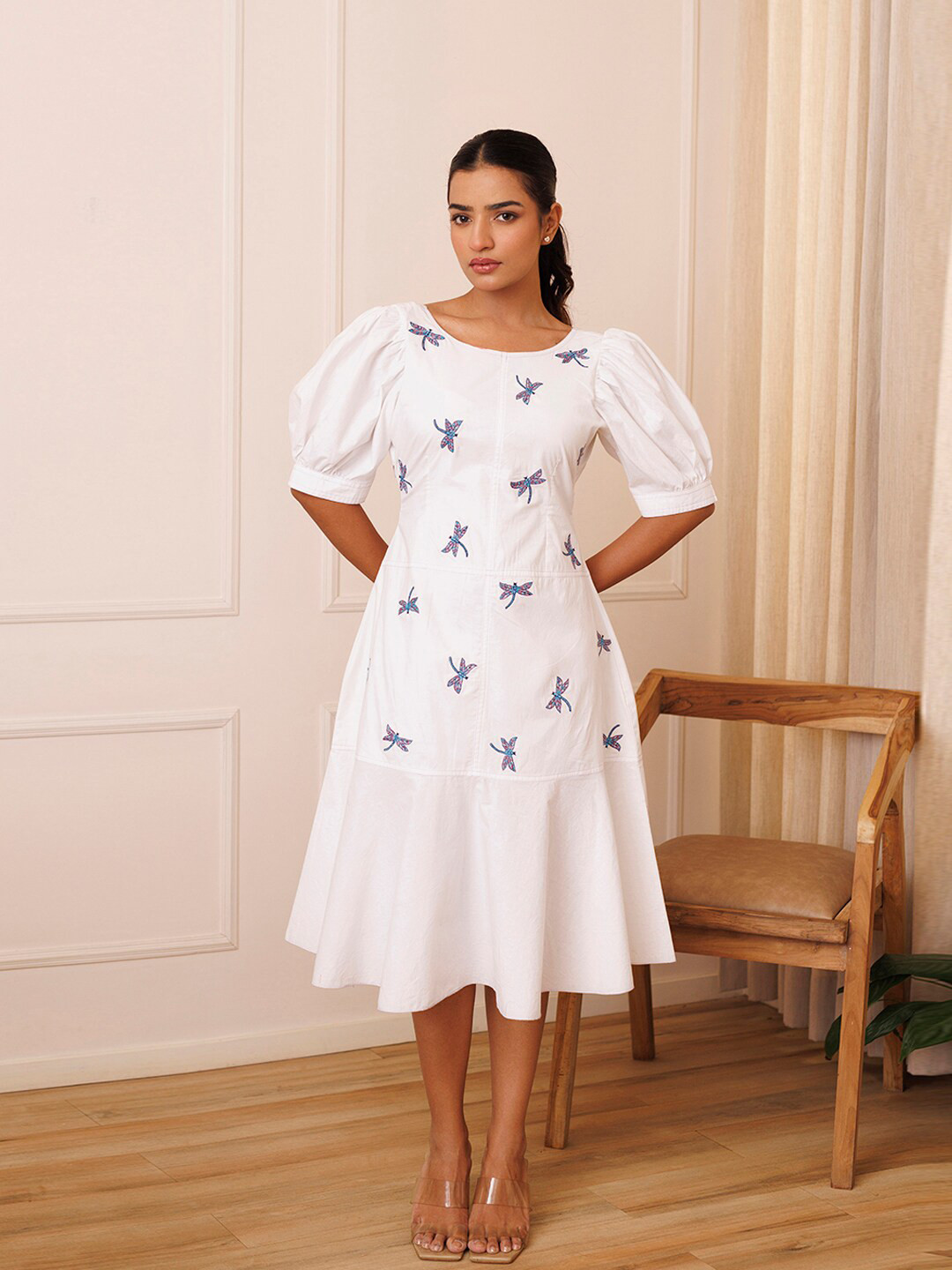 Ragavi Dragonfly Embroidered Puff Sleeve Cotton Fit & Flare Midi Dress