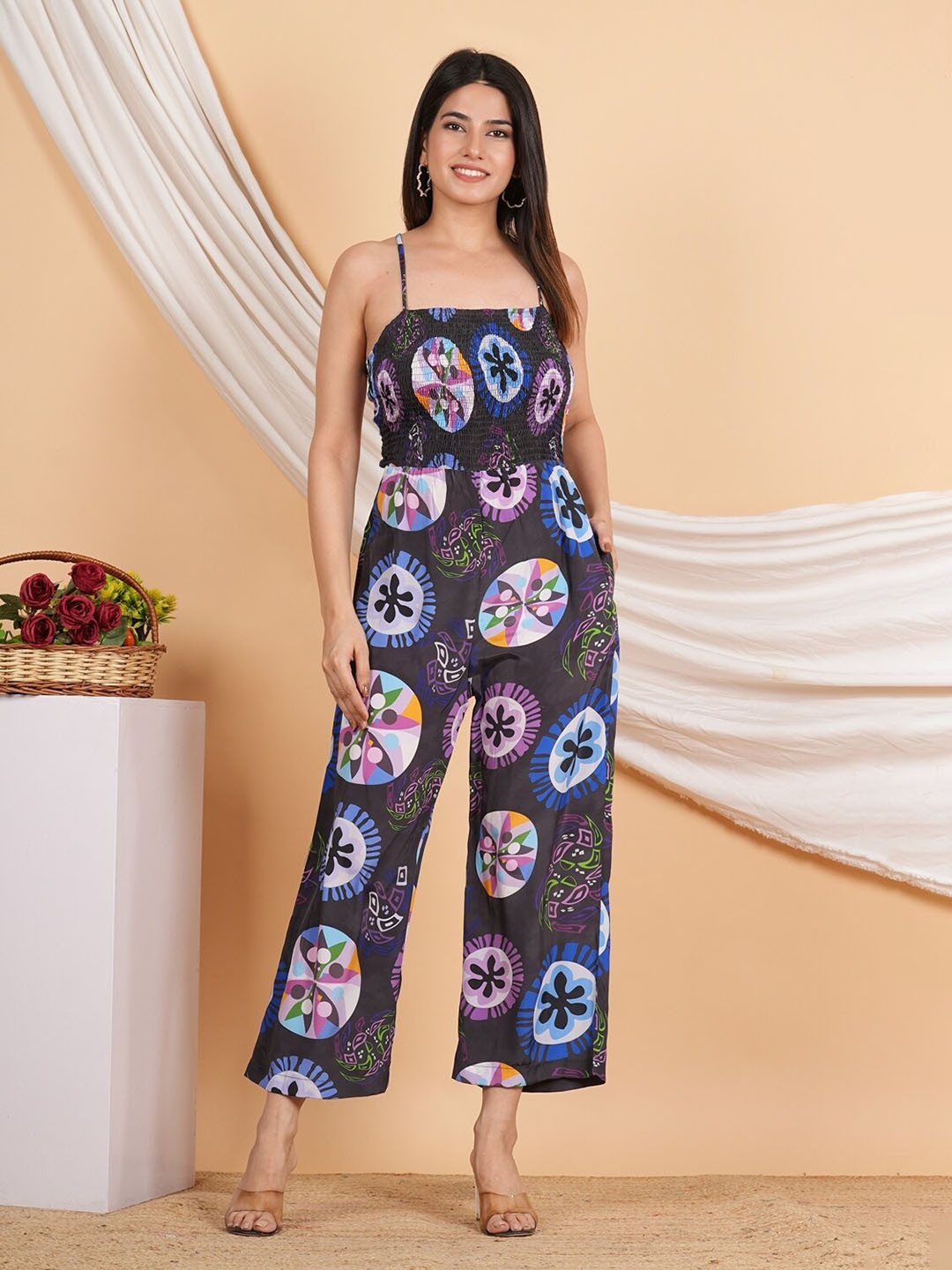 KALINI Printed Shoulder Straps Smoking Detail Basic Jumpsuit