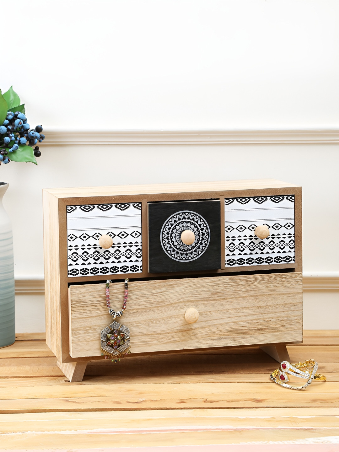 Aura Brown & Black Printed Regular Wooden Multi-Utility Organiser