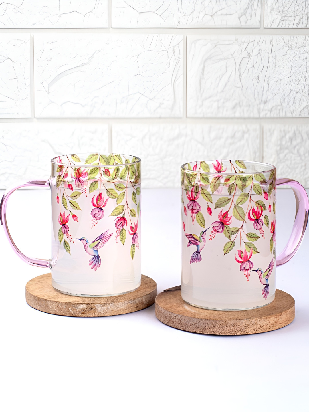 Strokes by Namrata Mehta Pink 2 Pcs Floral Printed Glass Transparent Mugs