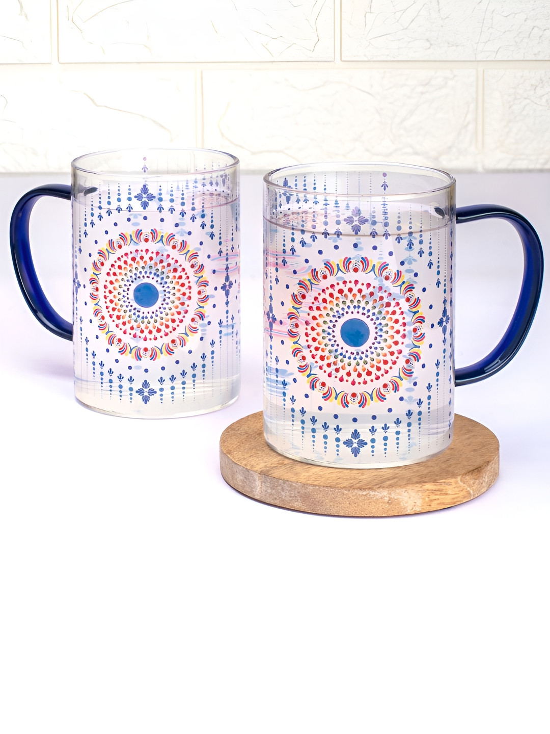 Strokes by Namrata Mehta Blue 2 Pcs Ethnic Motifs Printed Glass Transparent Mugs