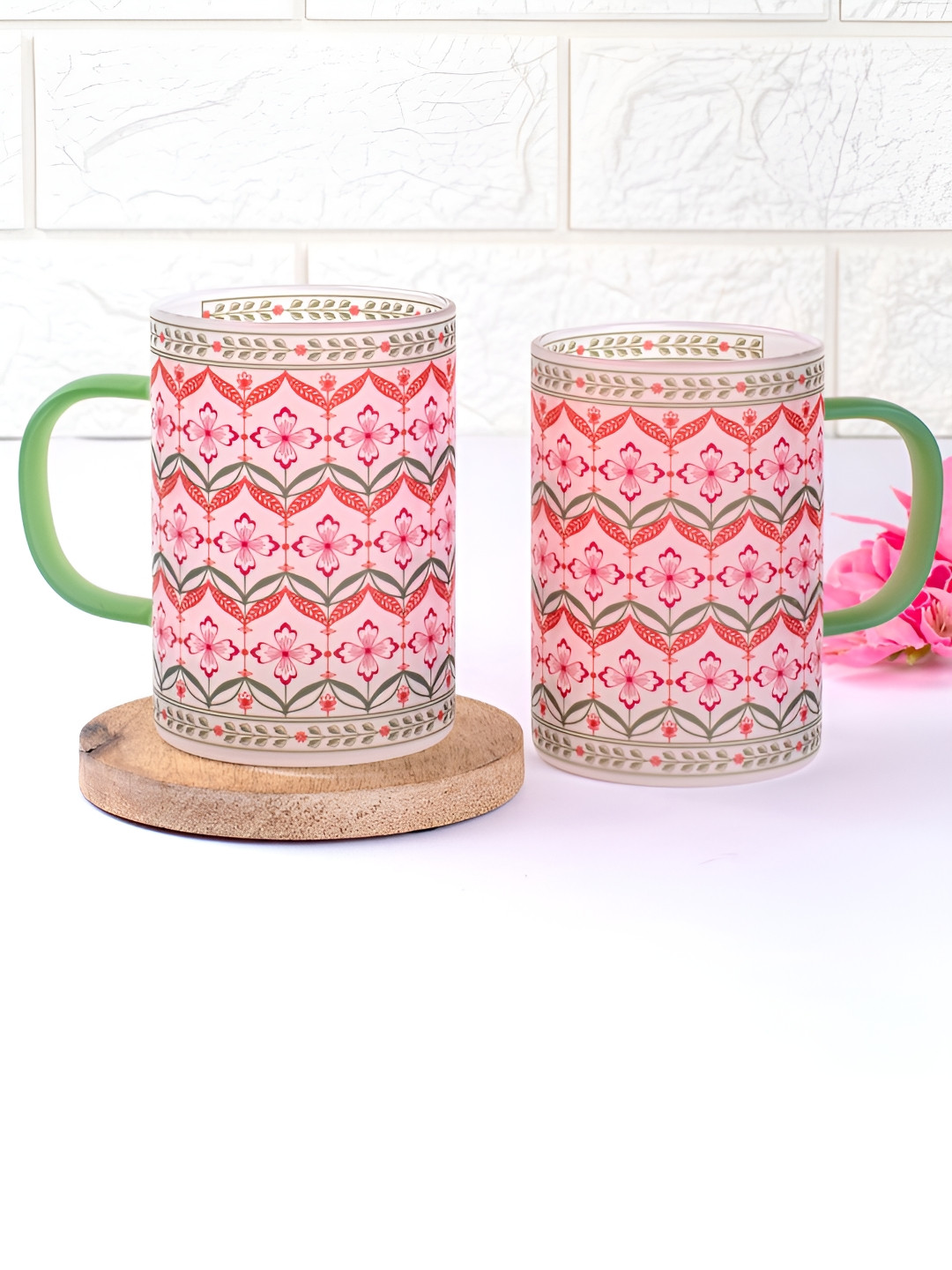 Strokes by Namrata Mehta Happy Thoughts Pink Floral Glass Microwave Safe 2 Piece Mugs-300ml