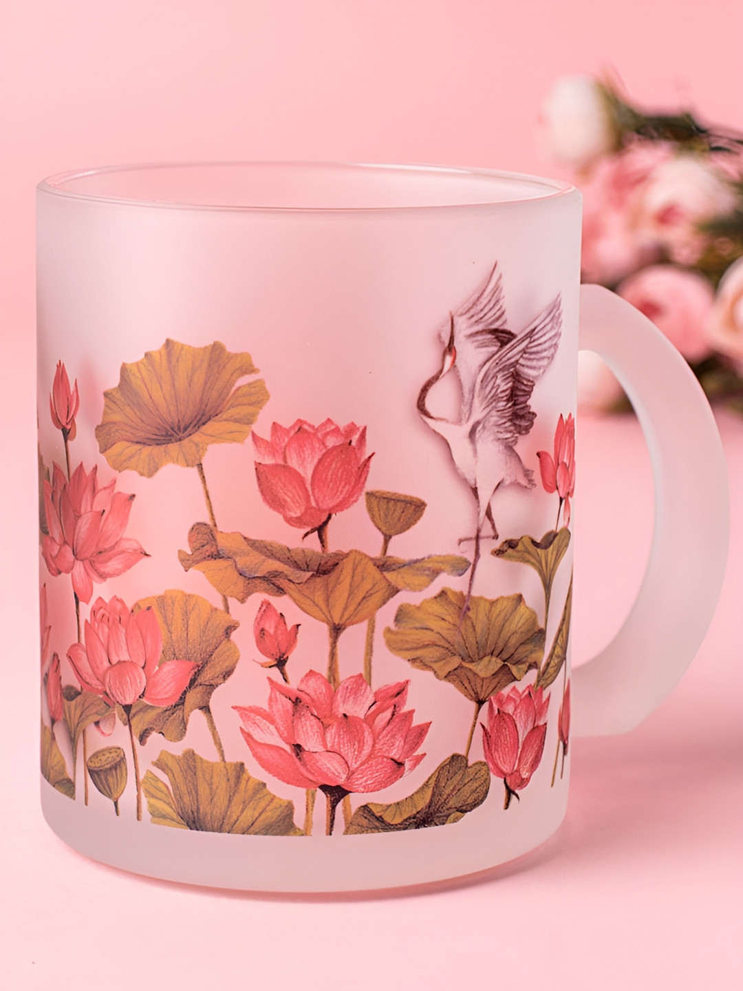 Strokes by Namrata Mehta Transaparent & Pink Floral Printed Glass Matte Mug 350ml
