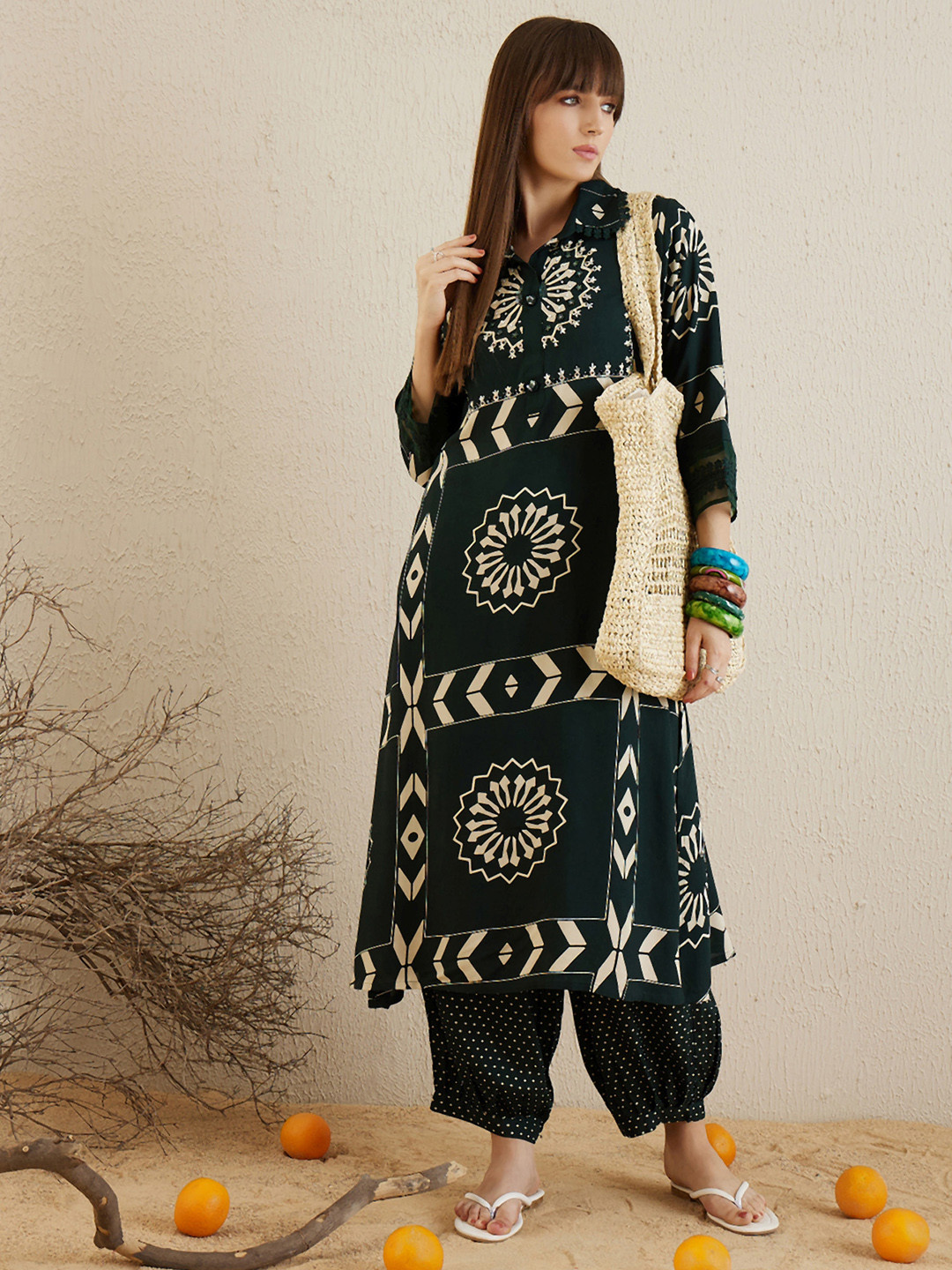 Indo Era Green Floral Printed Stones & Beads Shirt Collar Straight Kurta with Salwar