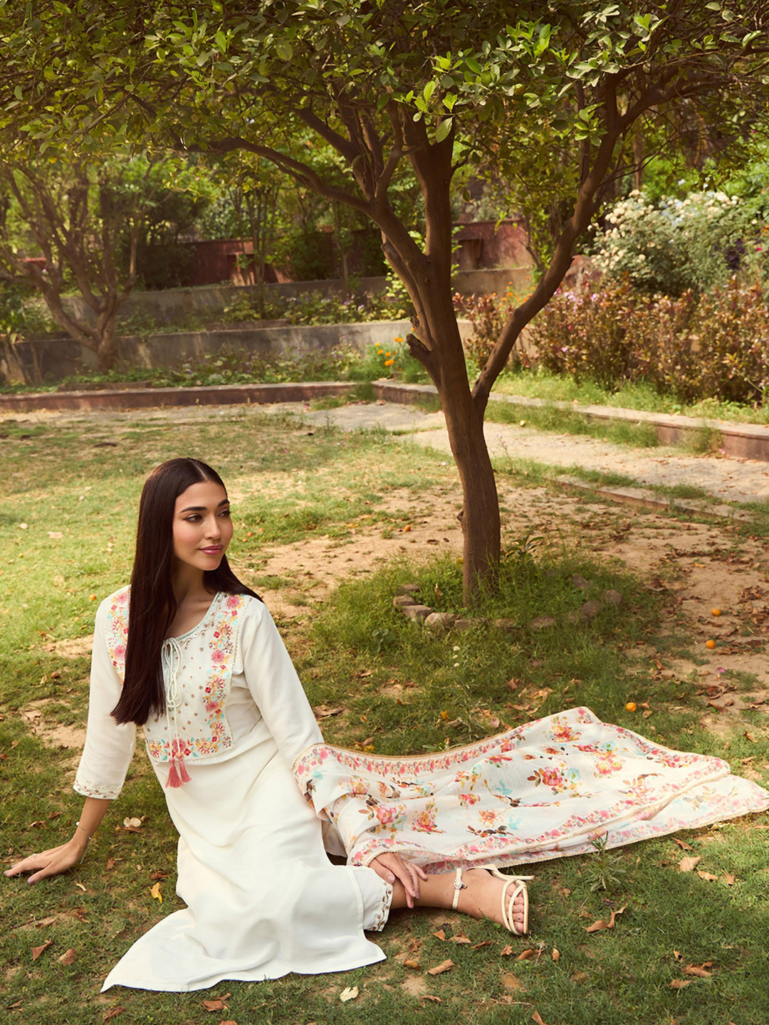 Indo Era White Floral Yoke Design Tie-Up Neck Straight Kurta With Trousers & Dupatta