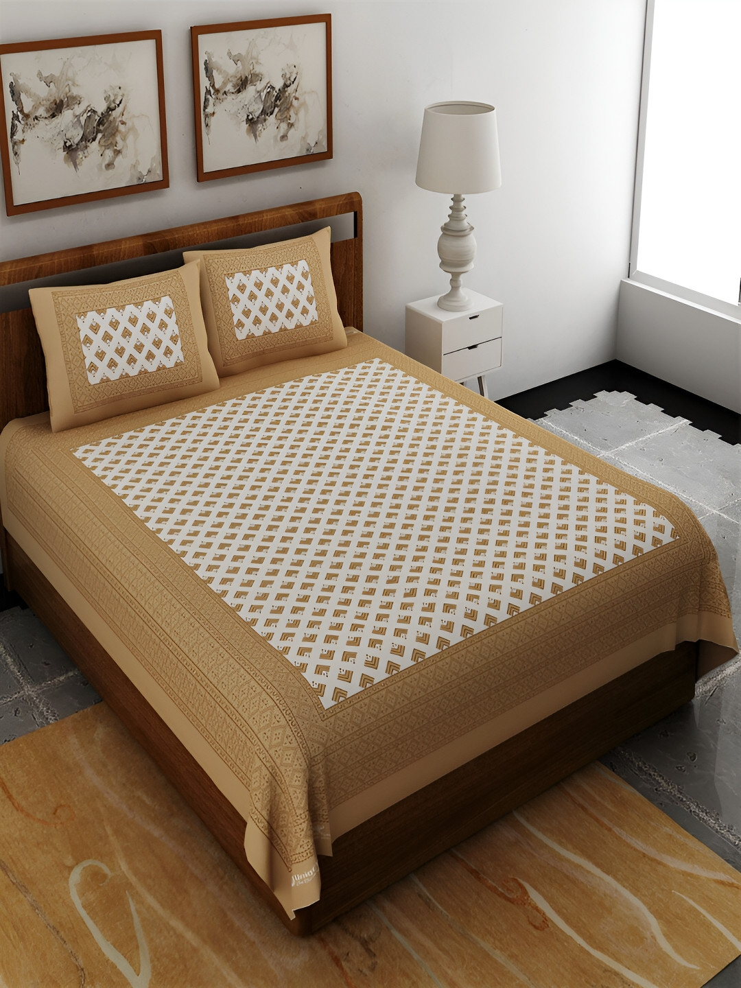 Aura Brown Geometric Pure Cotton 120 TC Queen Bedsheet with 2 Pillow Covers-59 x 88 inches