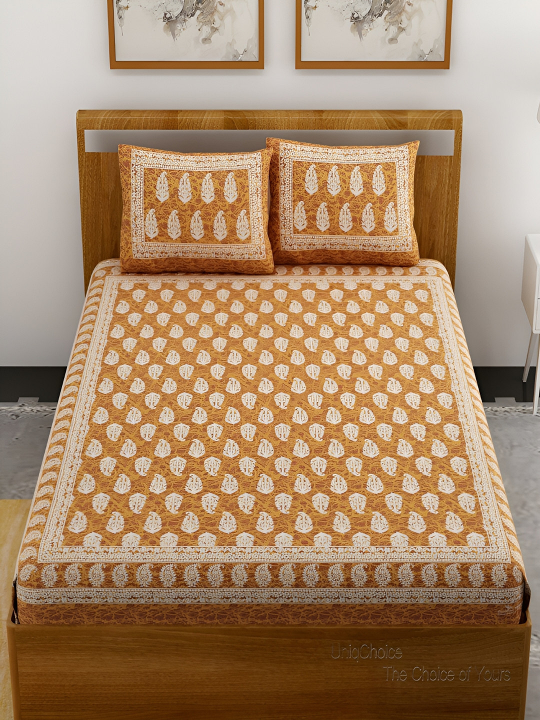 Aura Jaipuri Traditional Mustard Ethnic Motifs Pure Cotton 120 TC Queen Bedsheet with 2 Pillow Covers-93 x 85 inches