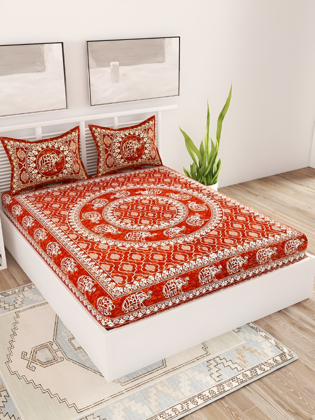 Aura Batik Hathi_D Maroon Ethnic Motifs Pure Cotton 120 TC Queen Bedsheet with 2 Pillow Covers-235 x 215 cm