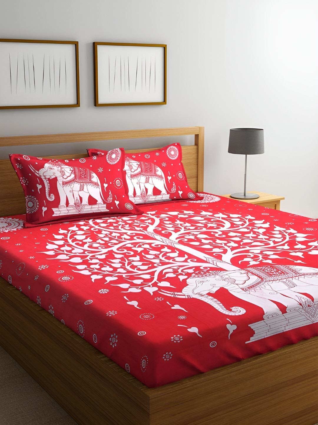 Aura Jaipuri Traditonal Red Floral Pure Cotton 120 TC Queen Bedsheet with 2 Pillow Covers-93 x 85 inches