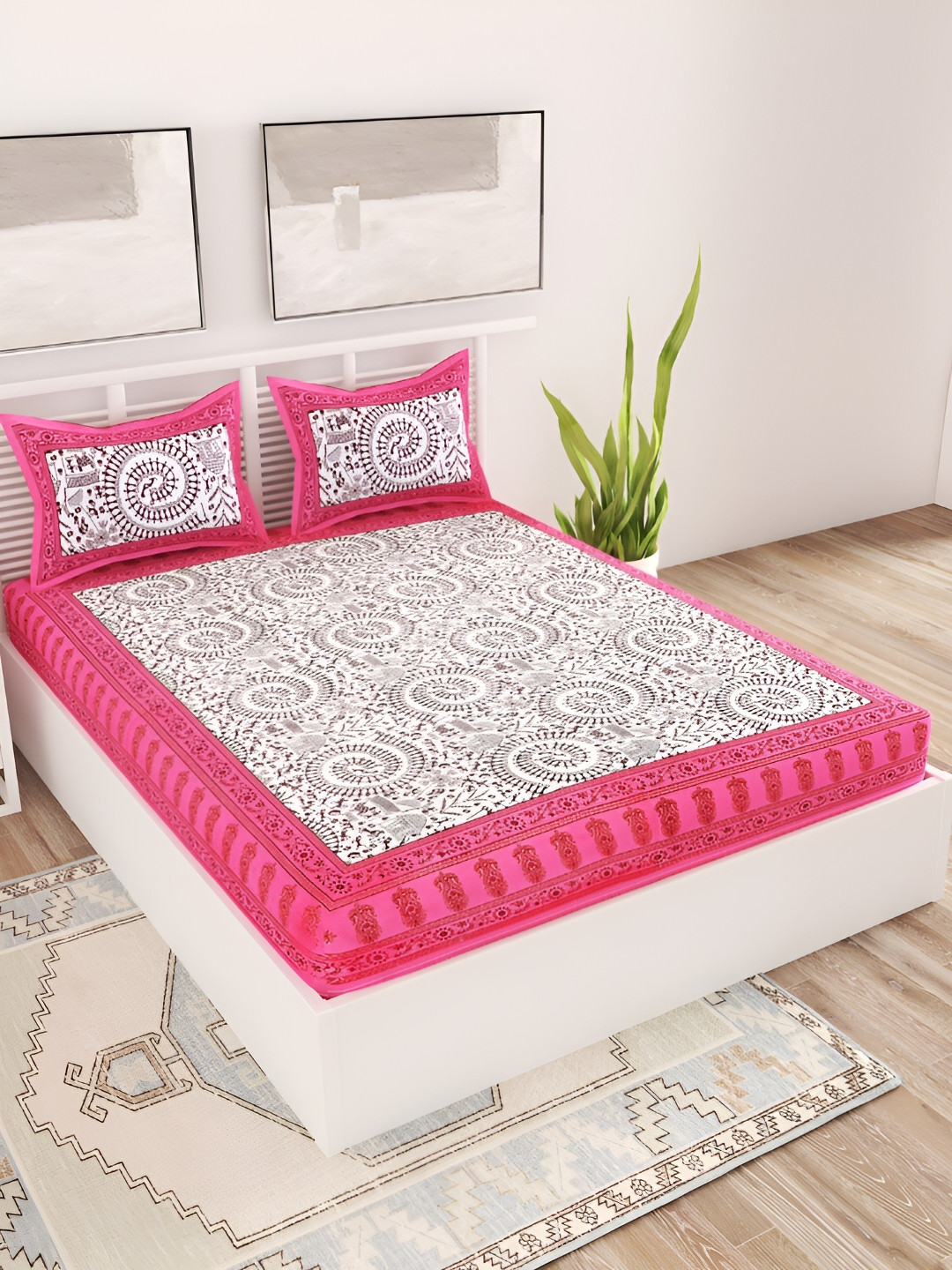 Aura Flower Dome Pink Ethnic Motifs Cotton 120 TC Queen Bedsheet with 2 Pillow Covers-235 x 215 cm