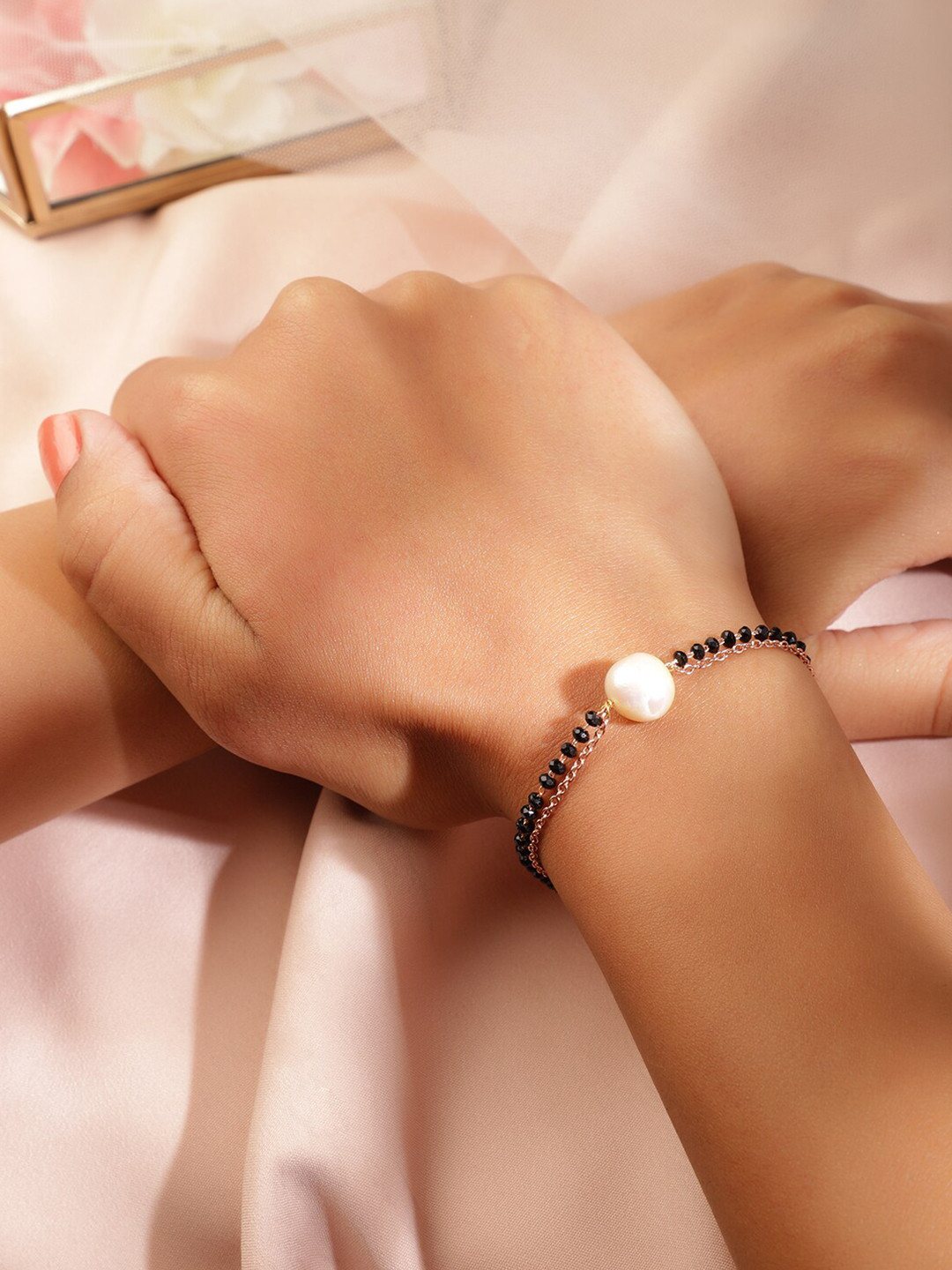 Rubans Rose Gold Plated White Artificial Pearls Mangalsutra Bracalet