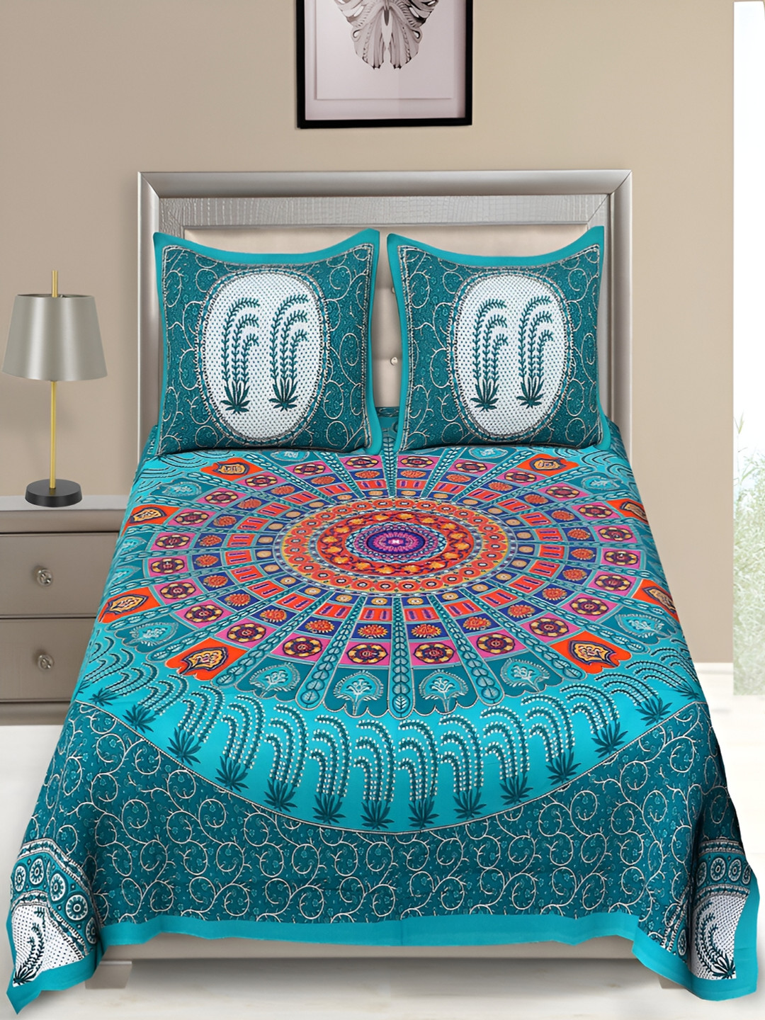 Aura Emerald Turquoise Blue Ethnic Motifs Pure Cotton 120 TC Queen Bedsheet with 2 Pillow Covers-93 x 85 inches