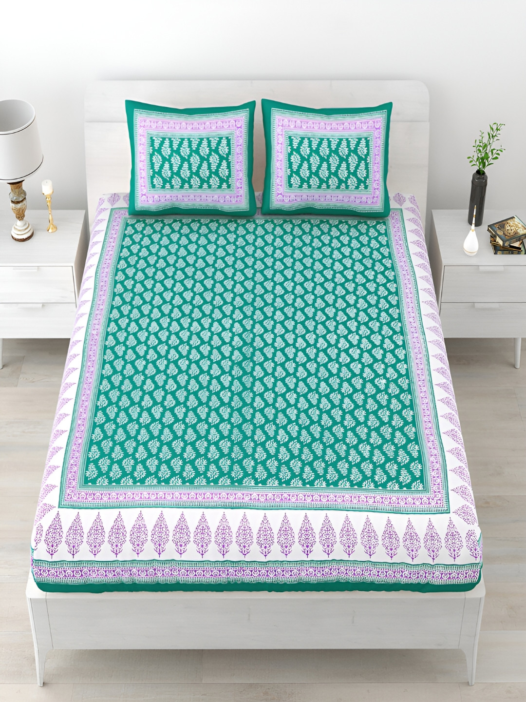 Aura Turquoise Blue Floral Pure Cotton 120 TC Queen Bedsheet with 2 Pillow Covers-93 x 85 inches