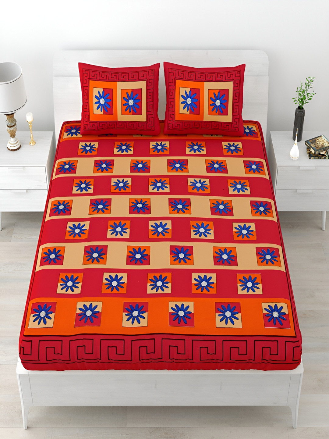 Aura Red Floral Pure Cotton 120 TC Queen Bedsheet with 2 Pillow Covers-93 x 85 inches