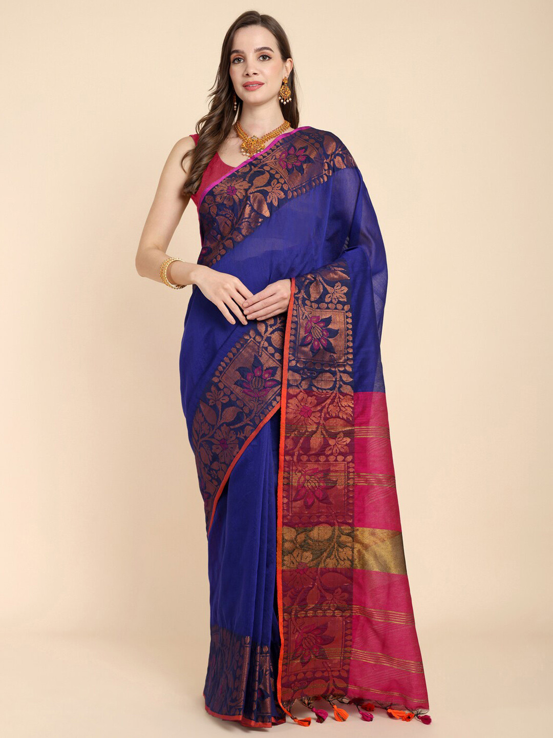 SLAGHA Solid Zari Silk Cotton Saree