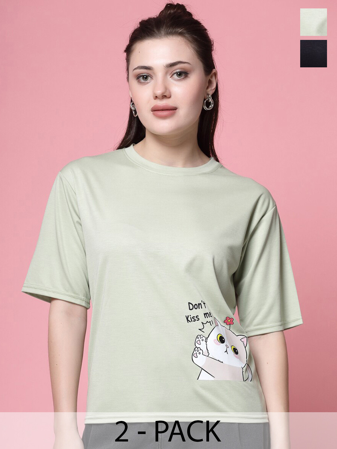 Clora Creation Pack of 2 Graphic Printed Drop-Shoulder Sleeves Casual T-shirt