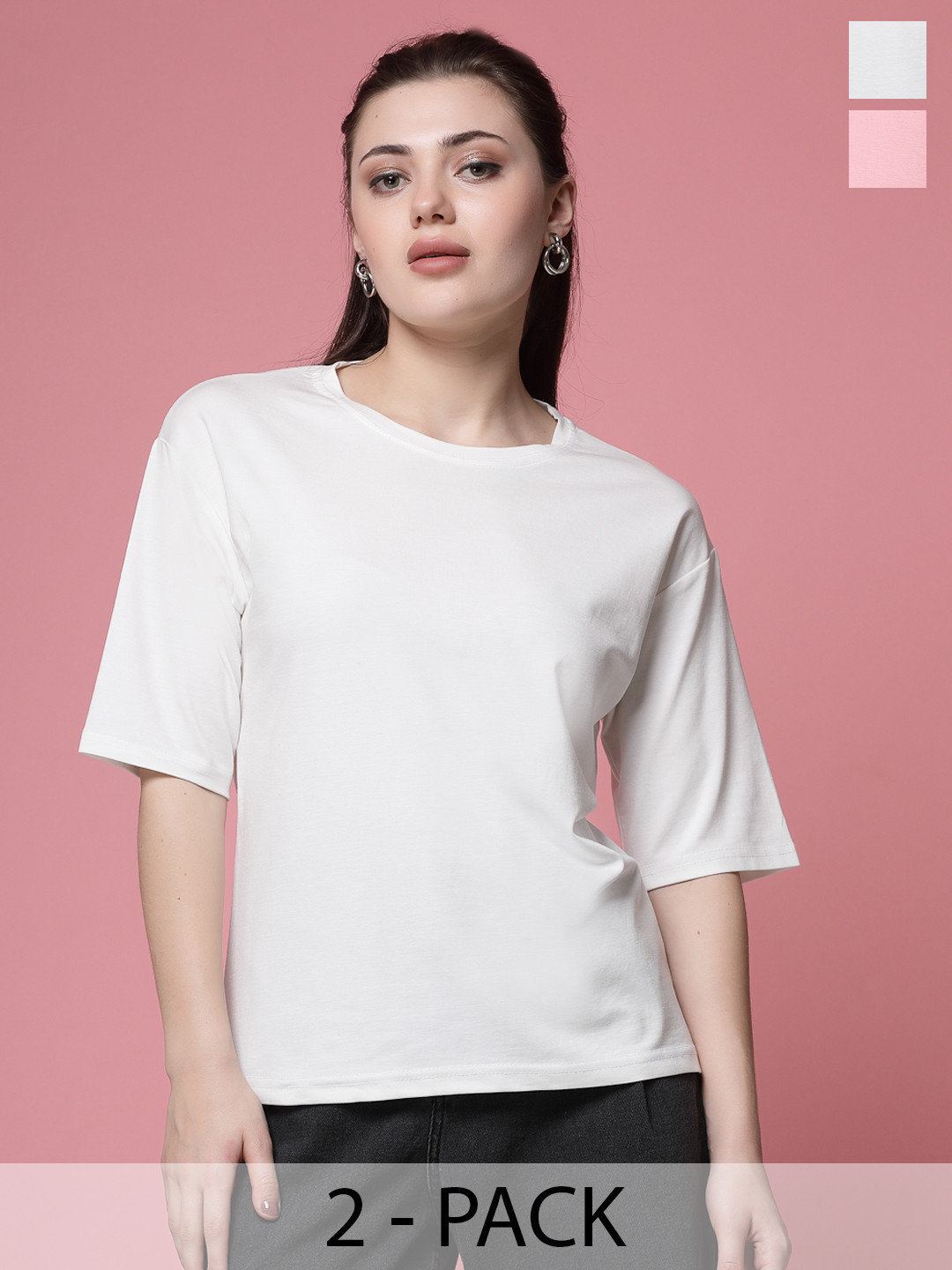 Clora Creation Pack Of 2 Round Neck Three-Quarter Drop-Shoulder Sleeves T-shirts