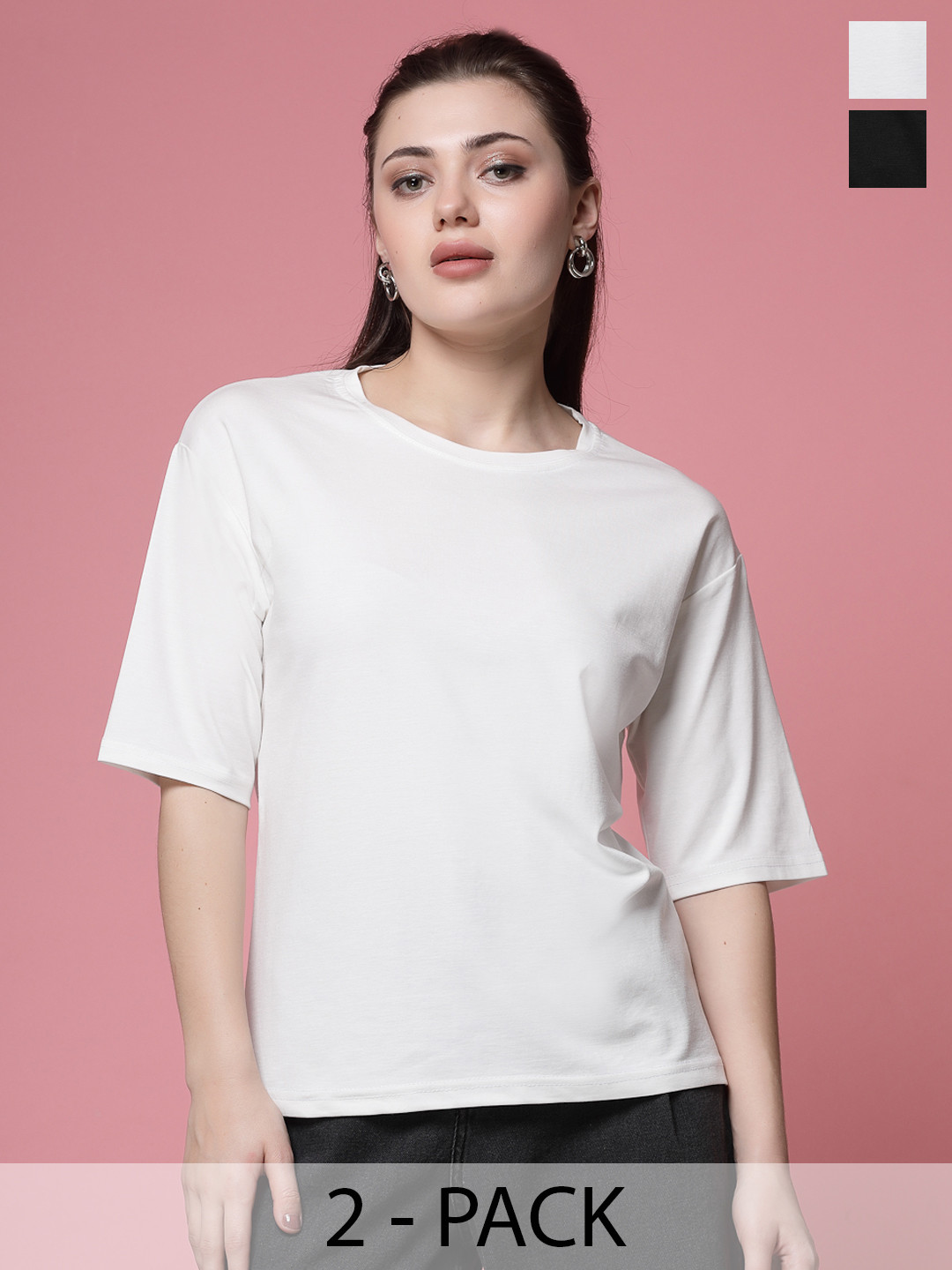 Clora Creation Pack Of 2 Round Neck Three-Quarter Drop-Shoulder Sleeves T-shirts