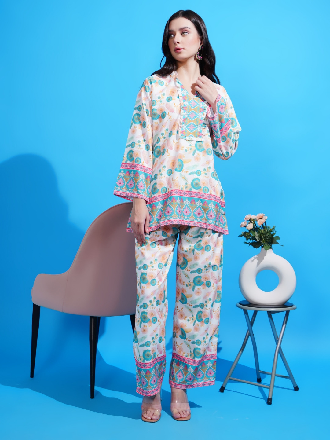 Boholyfe Floral Fusion Printed Top With Trousers Co-Ords