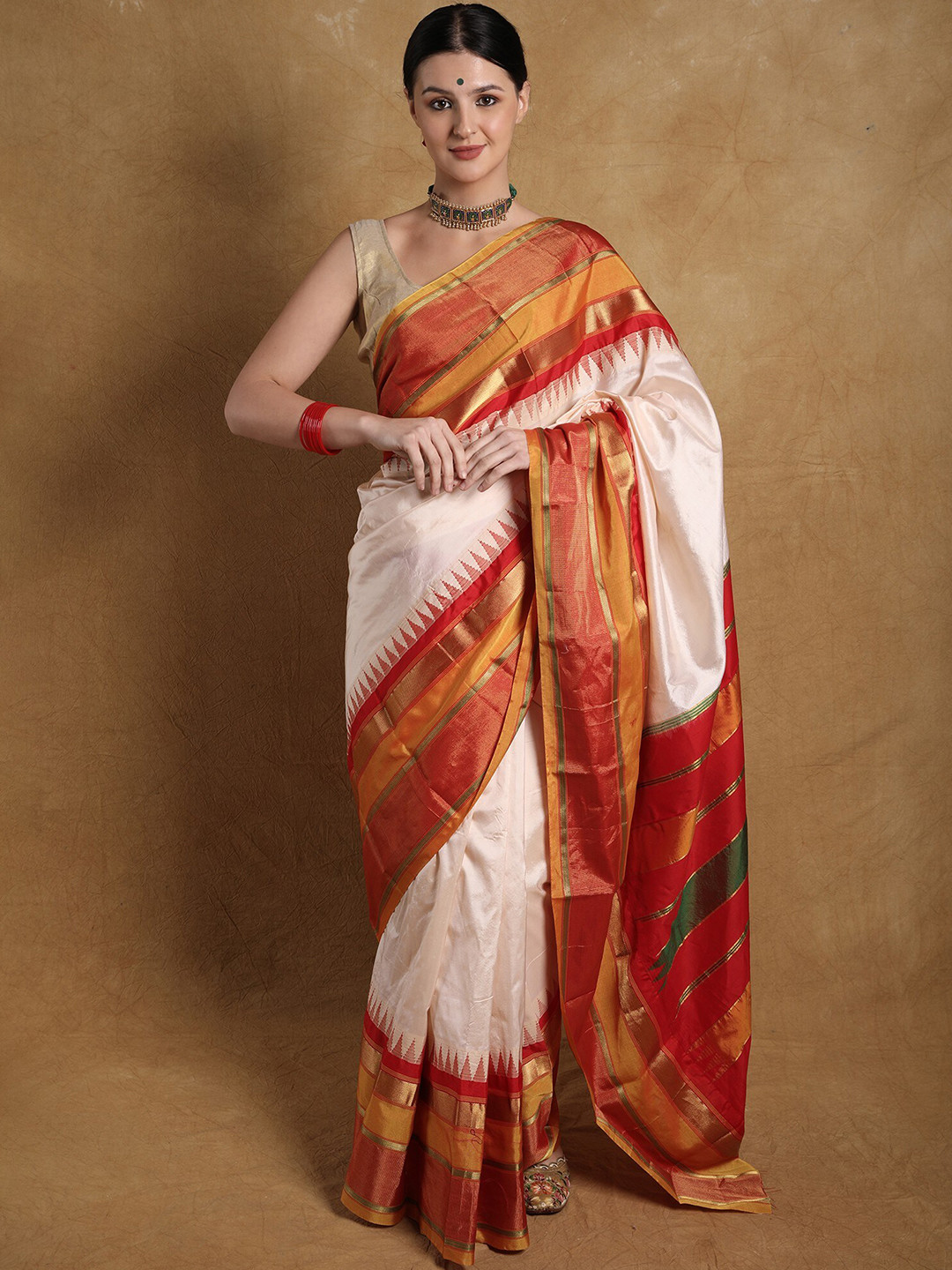 Exotic India Plain Saree with Zari Woven Border and Pallu