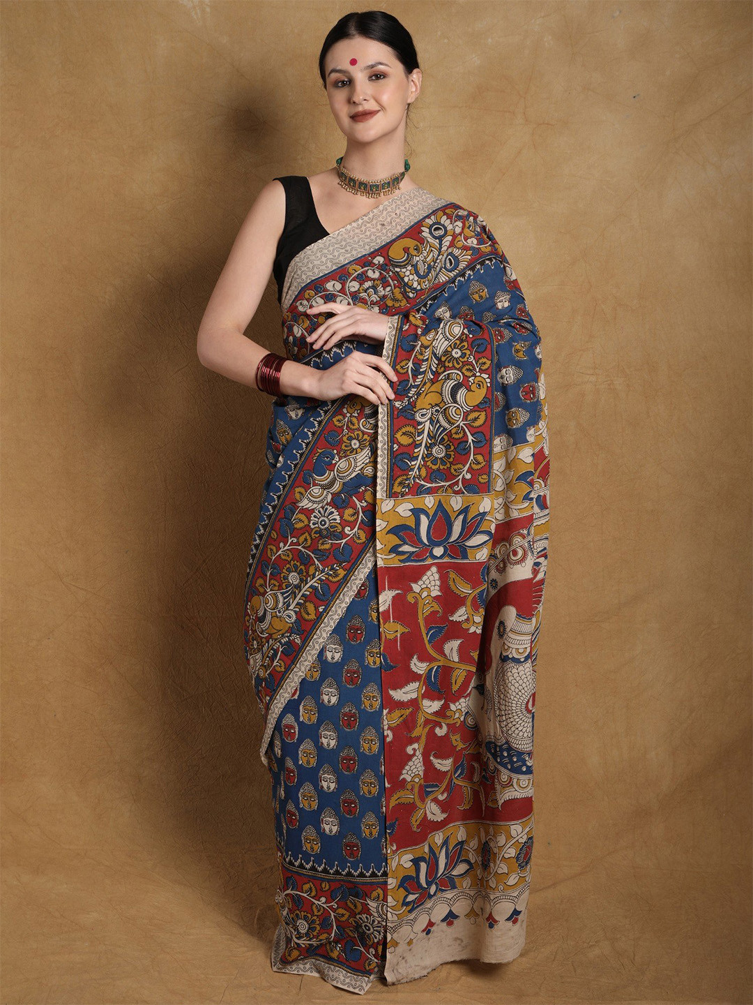 Exotic India Hand-Painted Buddha Heads Kalamkari Pure Cotton Saree