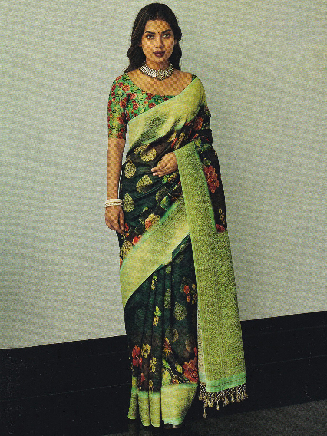 Exotic India Dark Green Organza Digital Printed Saree with Zari Brocaded Aanchal