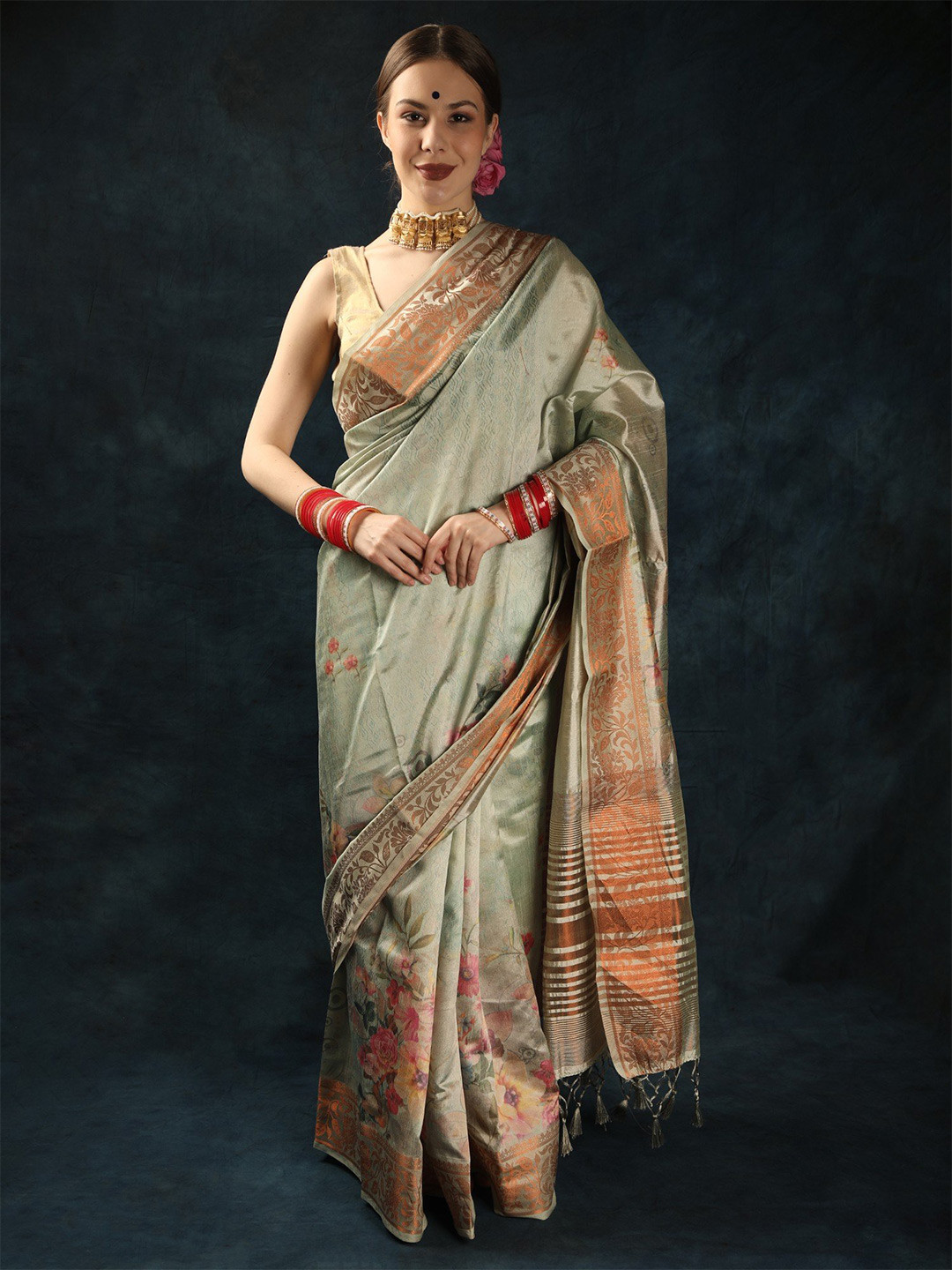 Exotic India Green Lily Floral Printed Wide Border Art Silk Saree with Tasseled Pallu