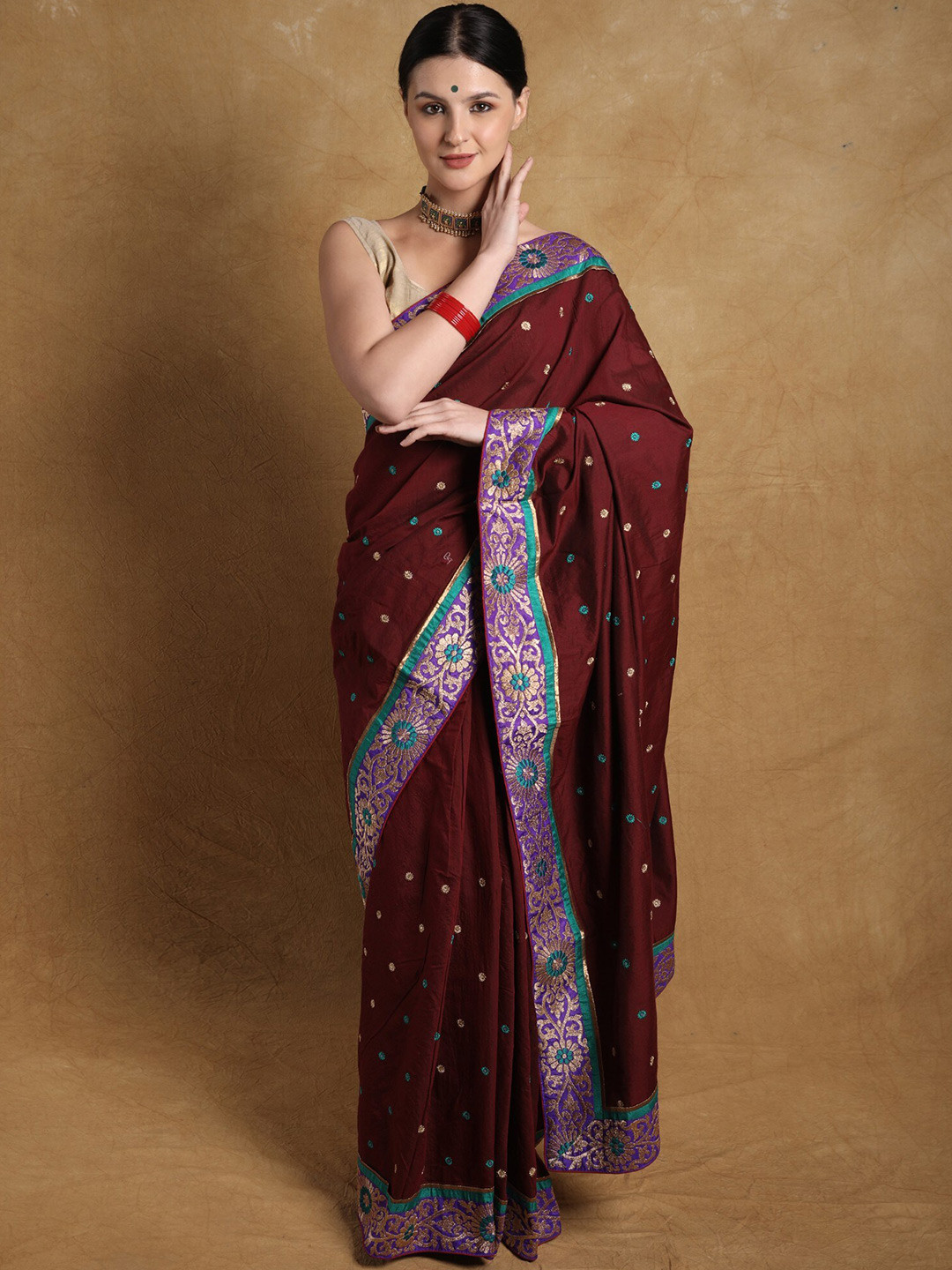 Exotic India Red Pear Zari Embroidered Bootis Georgette Saree with Floral Patch Border