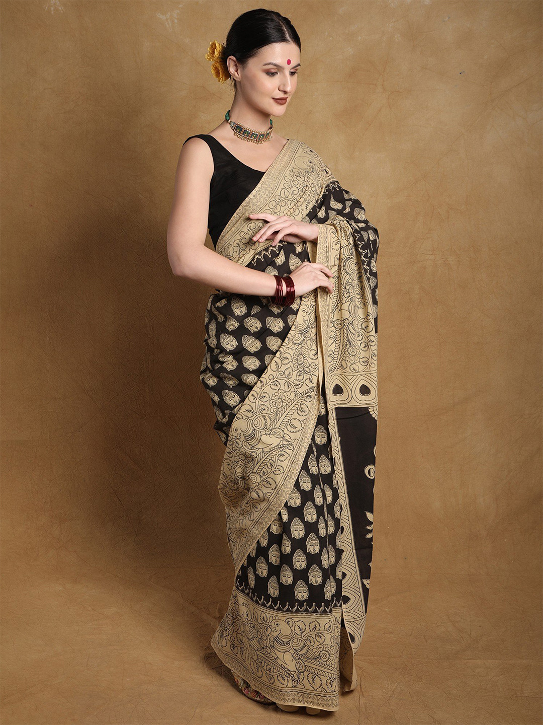 Exotic India Pirate Hand-Painted Buddha Heads Kalamkari Pure Cotton Saree