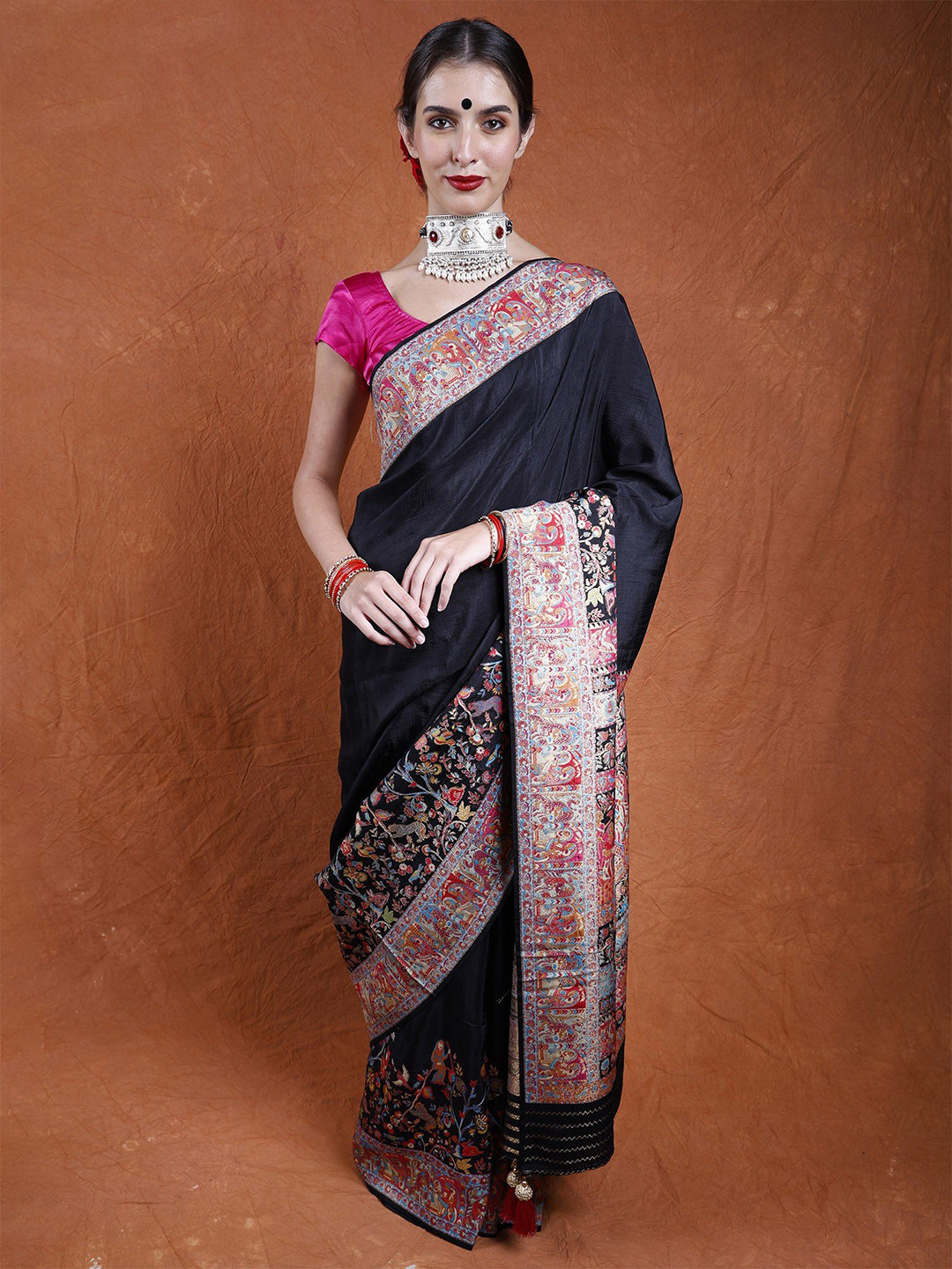 Exotic India Pirate Black Kani Kashmiri Saree with Shikargah Scenes Woven by Hand