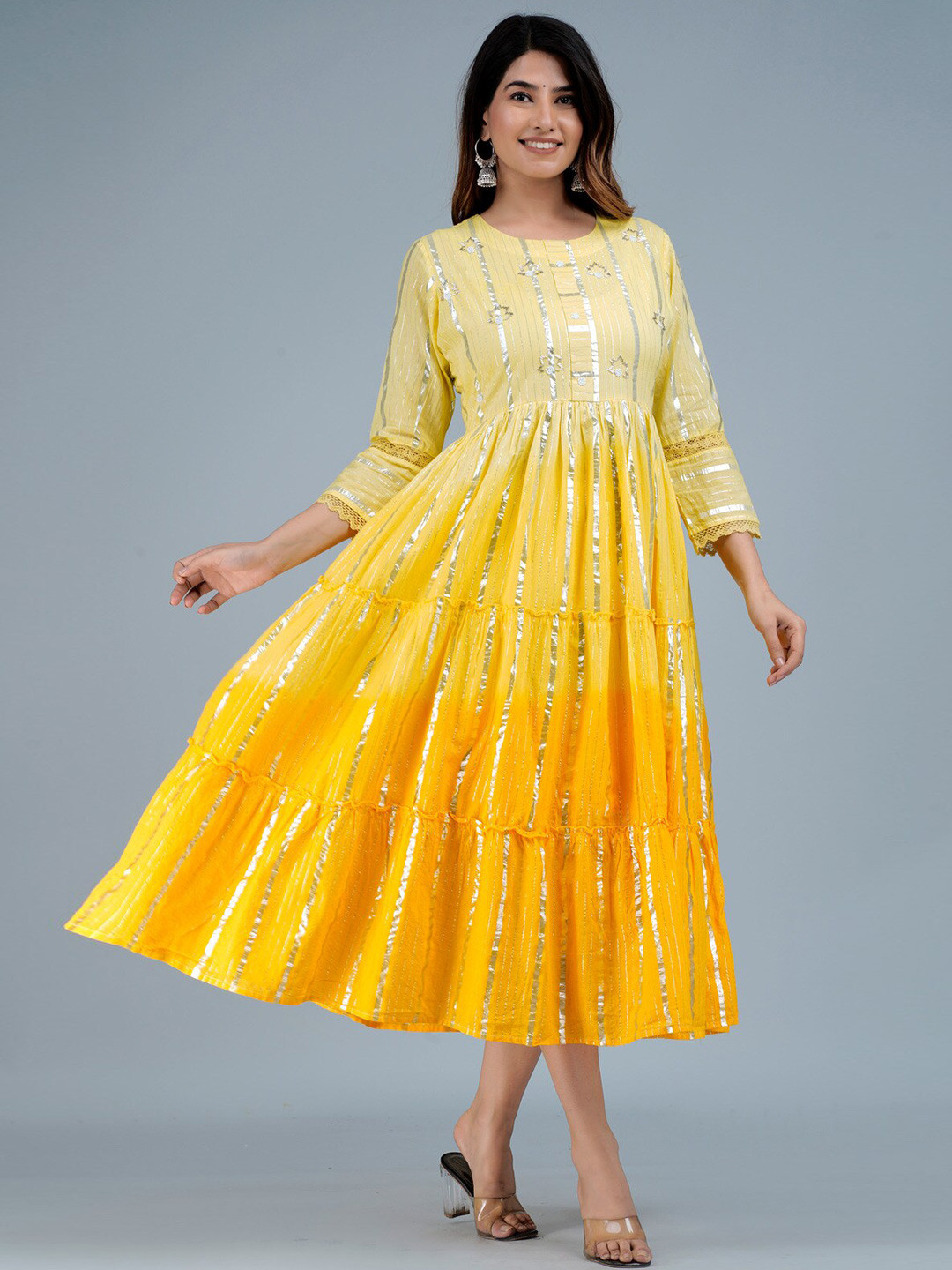 SARAI CREATIONS Yellow Hand Work Cotton Dyed Ombre Tiered Fit & Flare Dress