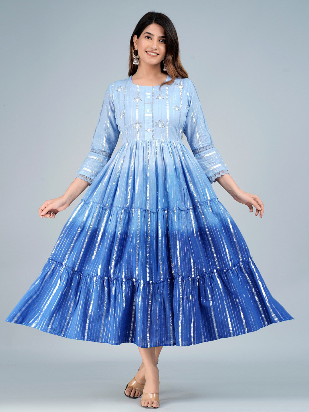 SARAI CREATIONS Ombre Dyed Tiered Fit and Flare Cotton Midi Ethnic Dress