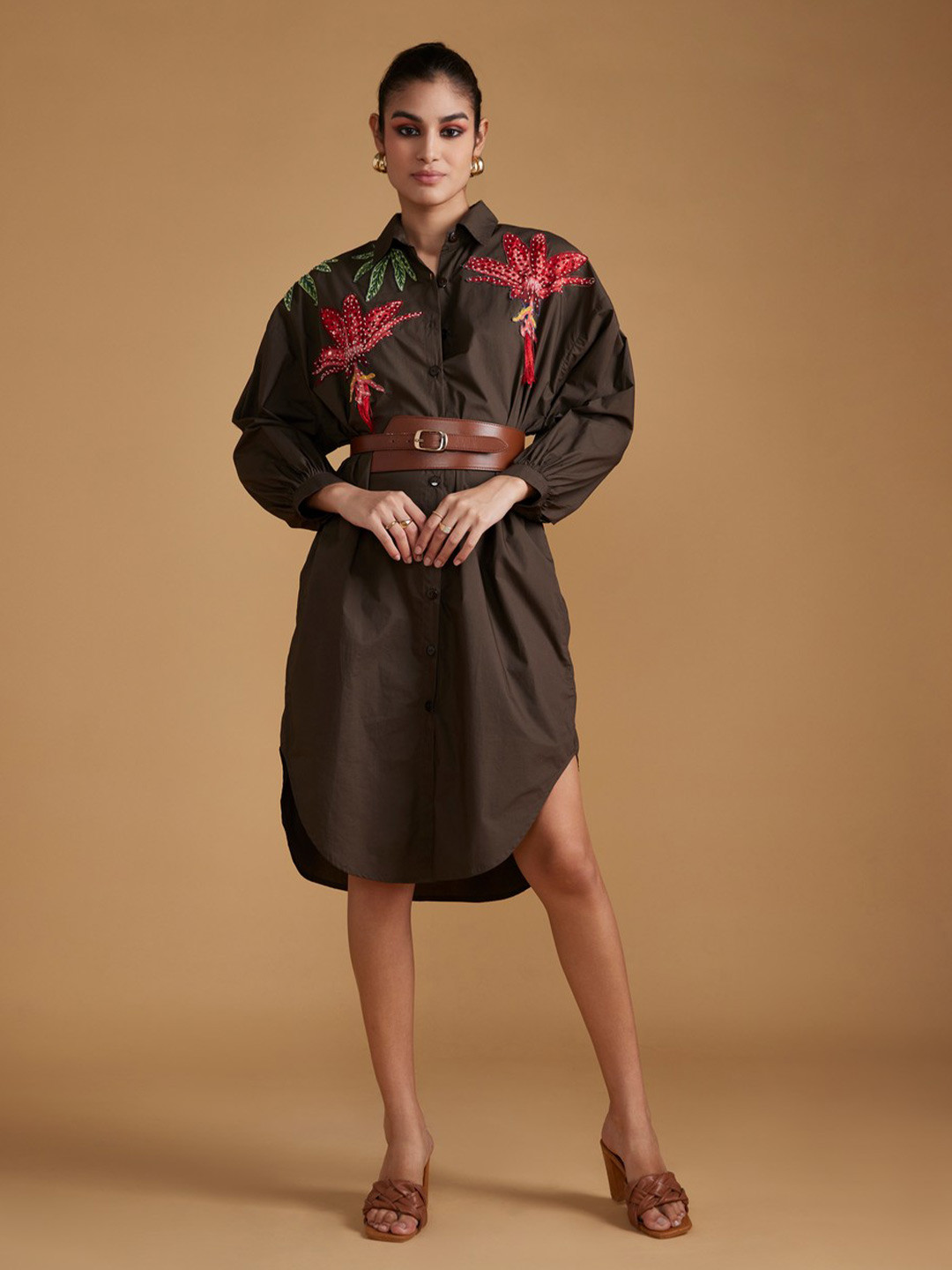 VERB BY PALLAVI SINGHEE Textured Embellished Oversized Cotton Longline Casual Shirt