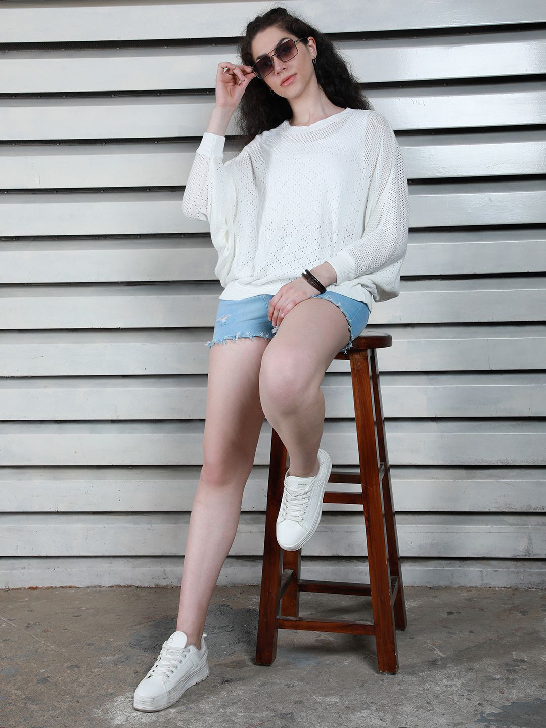 High Star Cotton Crochet Batwing Sleeve Top