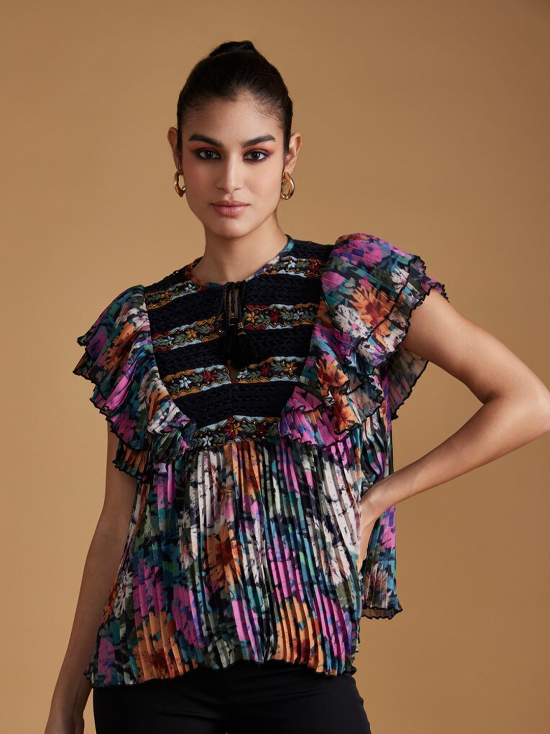 VERB BY PALLAVI SINGHEE Abstract Print Flutter Sleeve A-Line Top